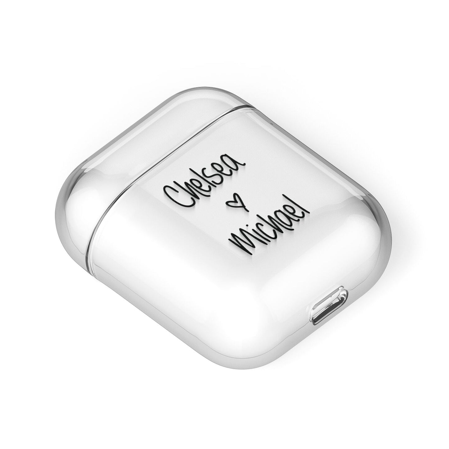 Personalised Couples Names Handwritten Black Clear AirPods Case Laid Flat