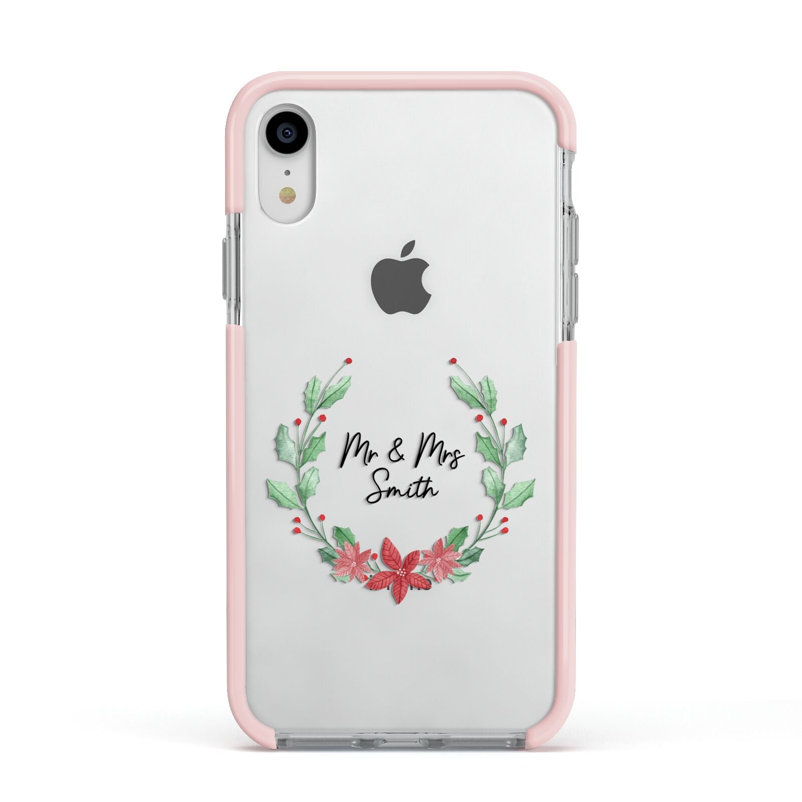 Personalised Couples Wreath Apple iPhone XR Impact Case Pink Edge on Silver Phone