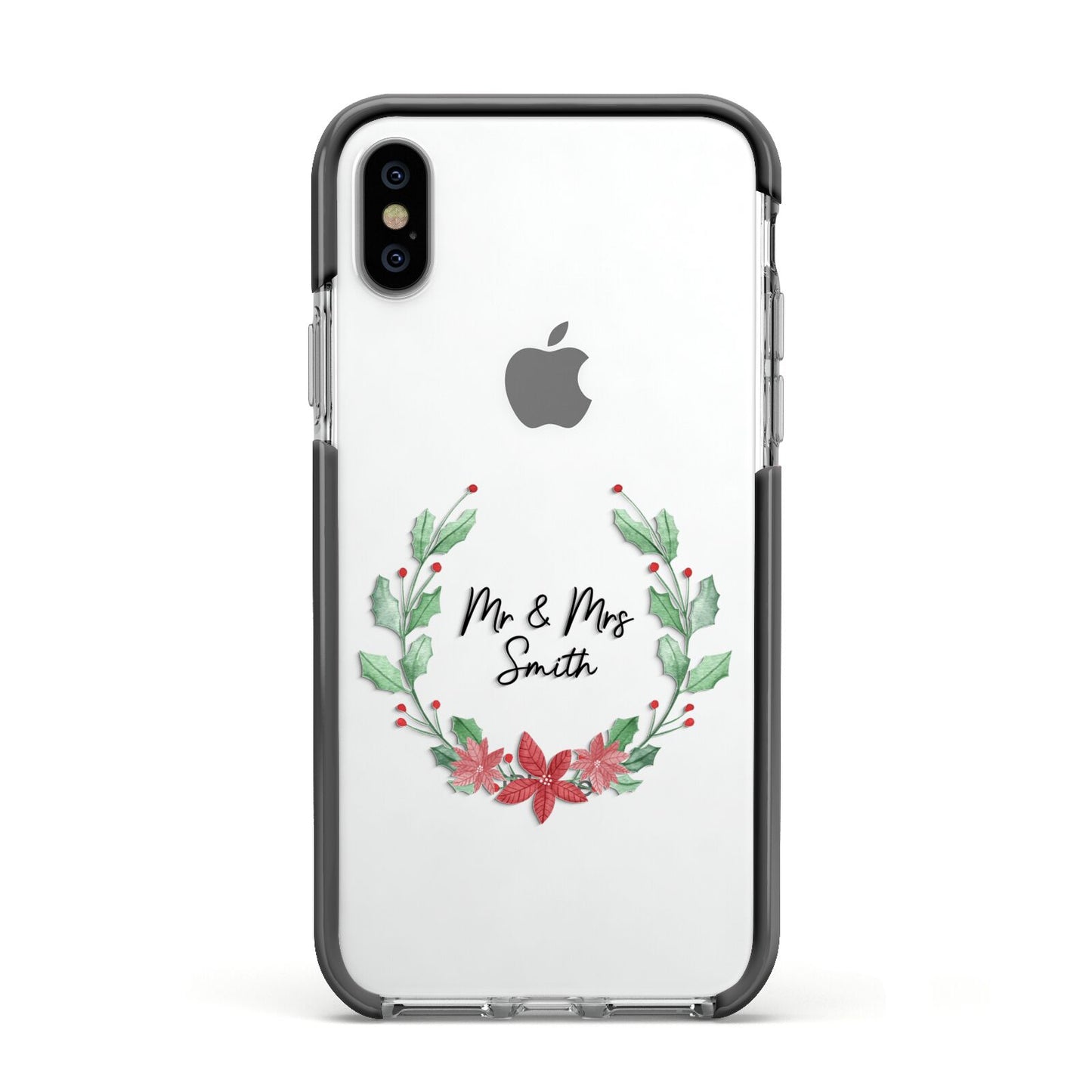 Personalised Couples Wreath Apple iPhone Xs Impact Case Black Edge on Silver Phone