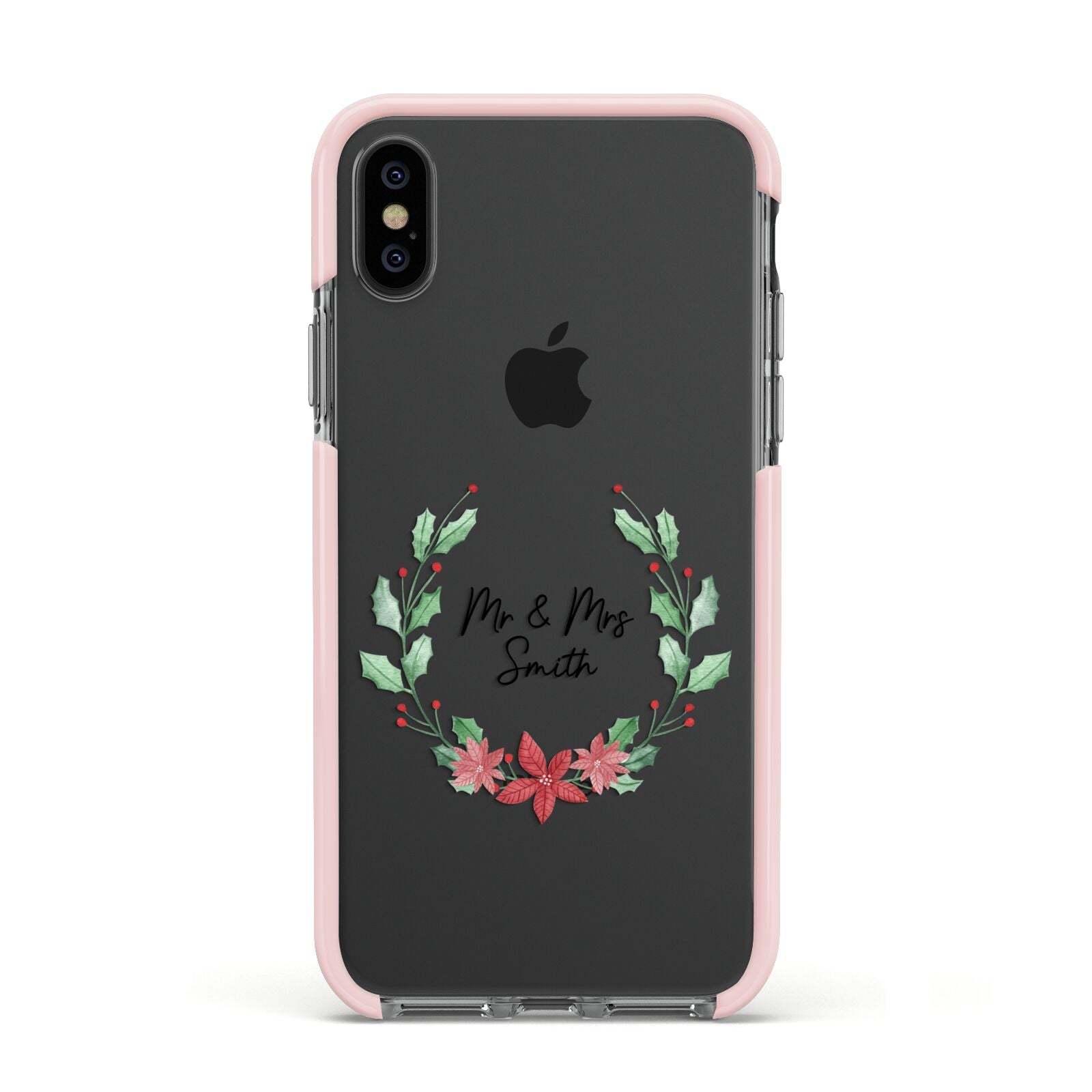 Personalised Couples Wreath Apple iPhone Xs Impact Case Pink Edge on Black Phone