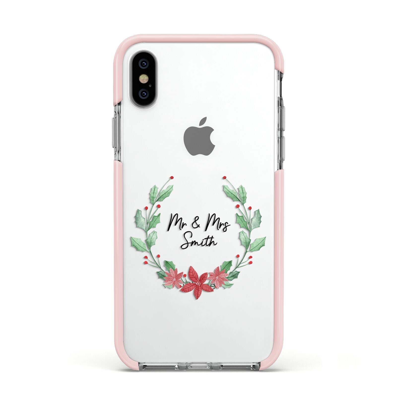 Personalised Couples Wreath Apple iPhone Xs Impact Case Pink Edge on Silver Phone