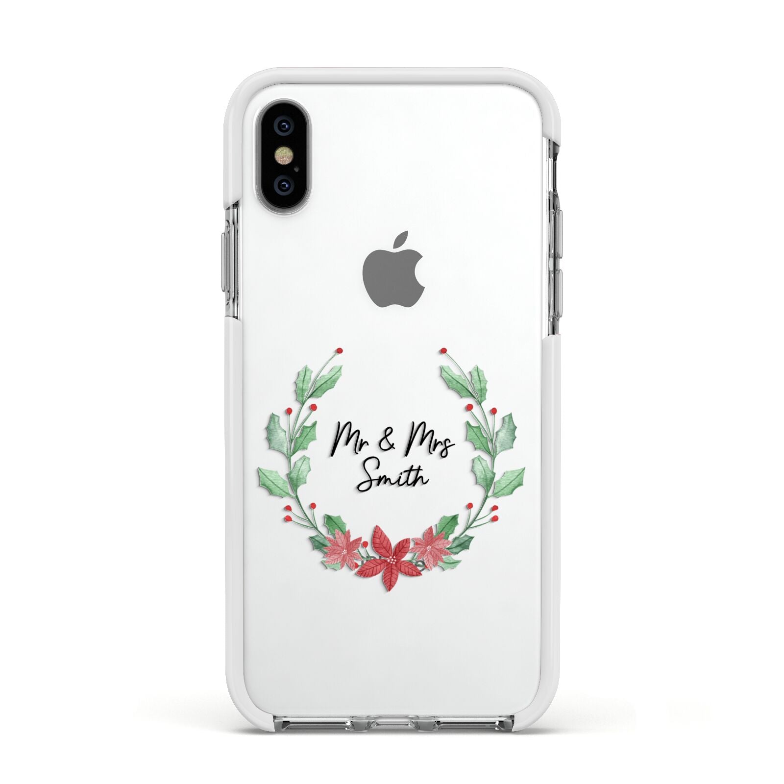 Personalised Couples Wreath Apple iPhone Xs Impact Case White Edge on Silver Phone