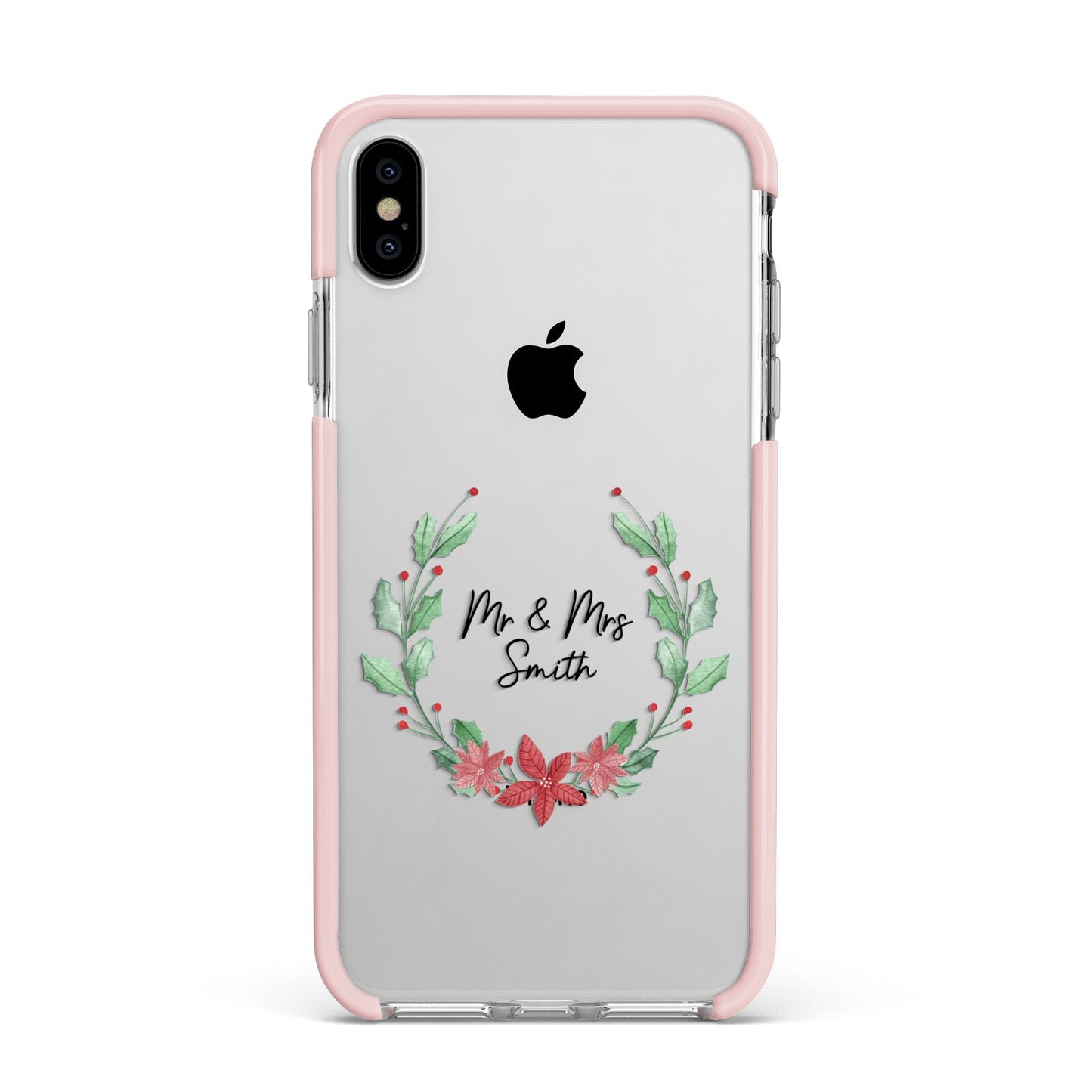 Personalised Couples Wreath Apple iPhone Xs Max Impact Case Pink Edge on Silver Phone