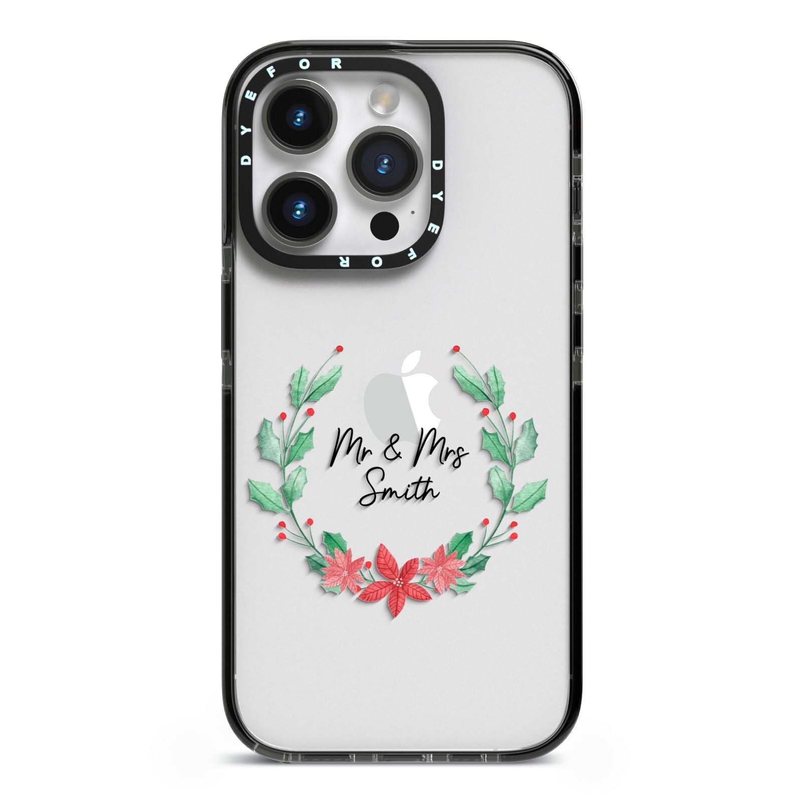 Personalised Couples Wreath iPhone 14 Pro Black Impact Case on Silver phone