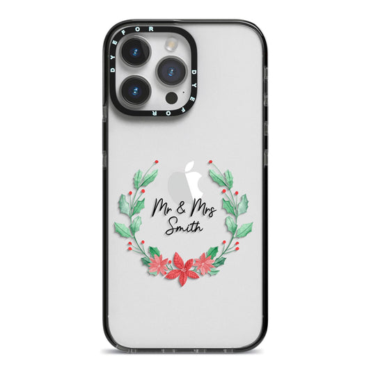 Personalised Couples Wreath iPhone 14 Pro Max Black Impact Case on Silver phone