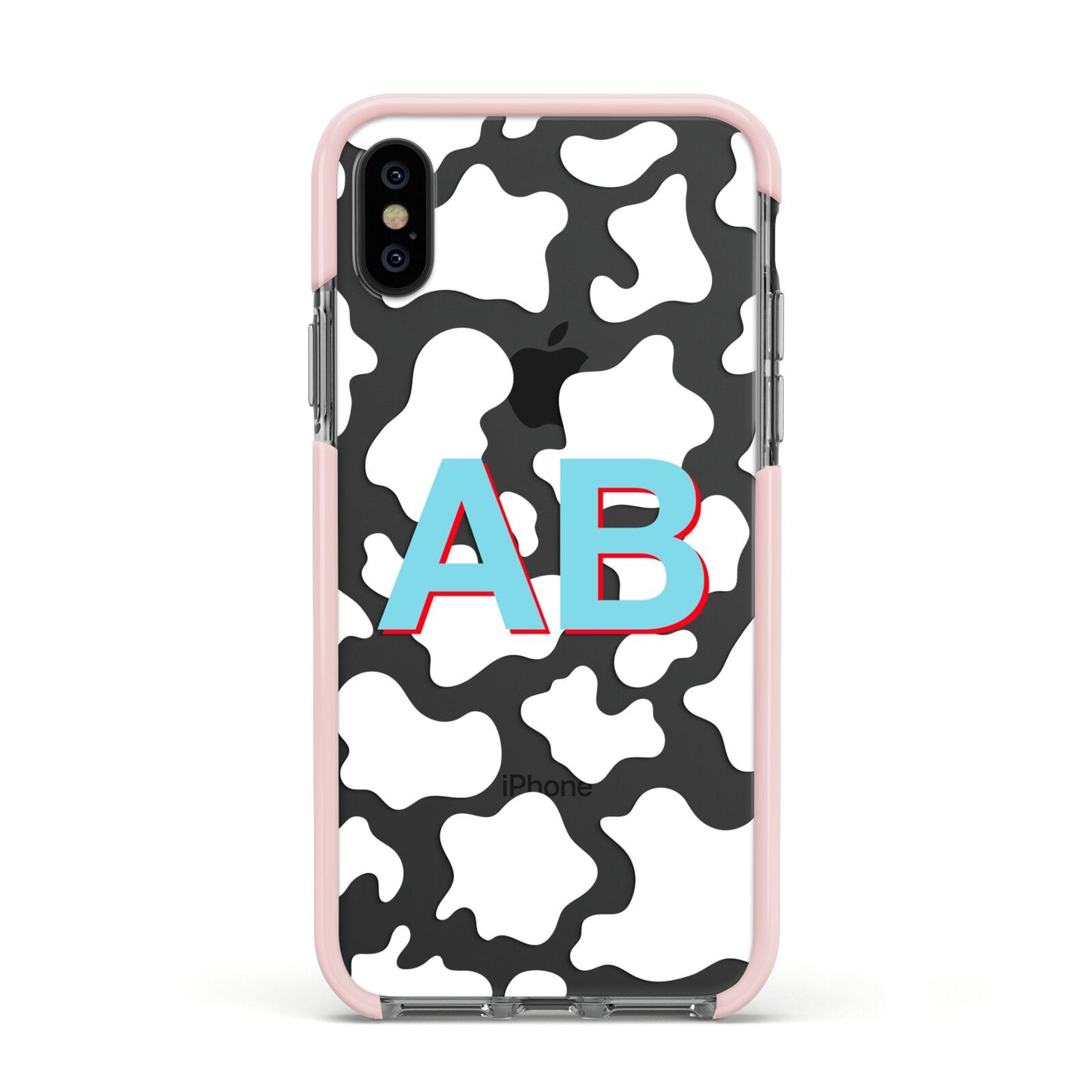 Personalised Cow Print Apple iPhone Xs Impact Case Pink Edge on Black Phone