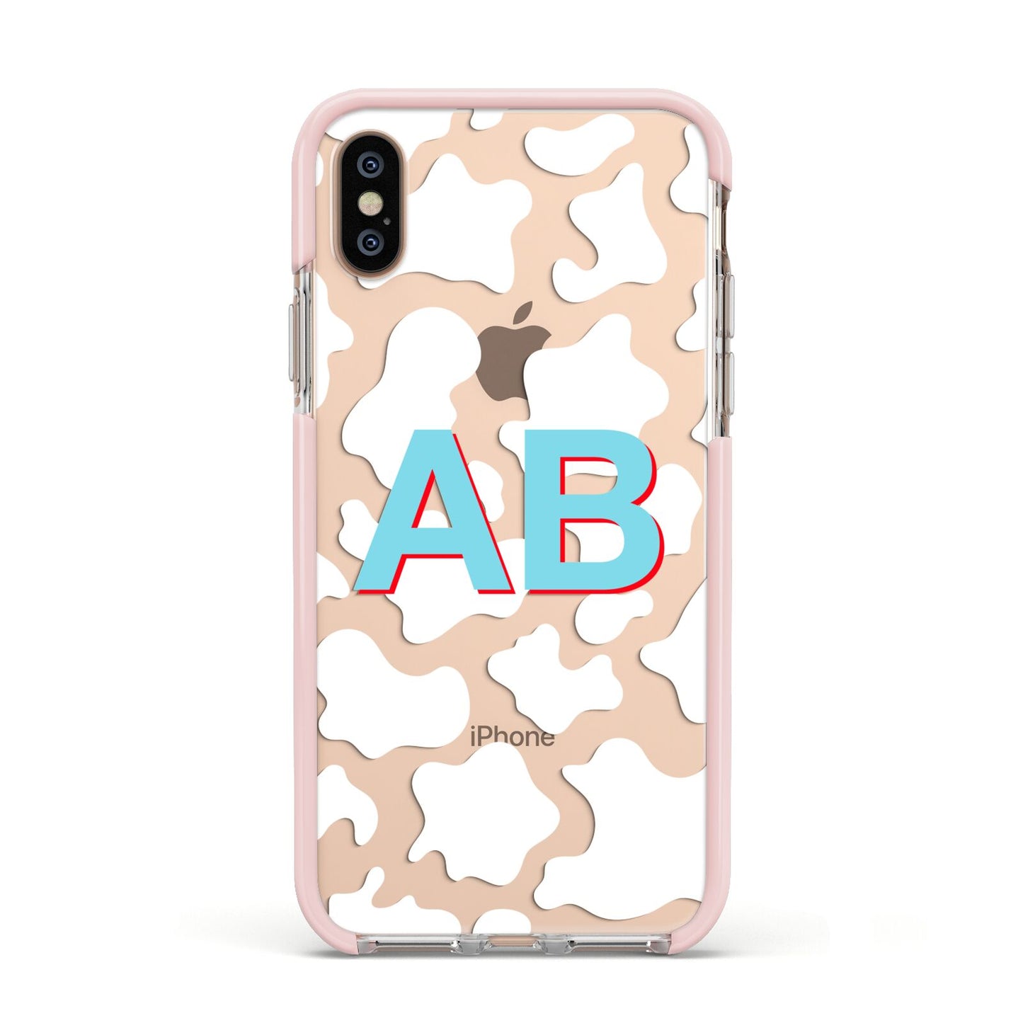 Personalised Cow Print Apple iPhone Xs Impact Case Pink Edge on Gold Phone