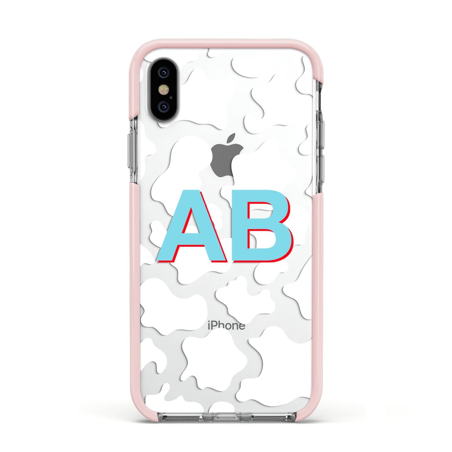 Personalised Cow Print Apple iPhone Xs Impact Case Pink Edge on Silver Phone