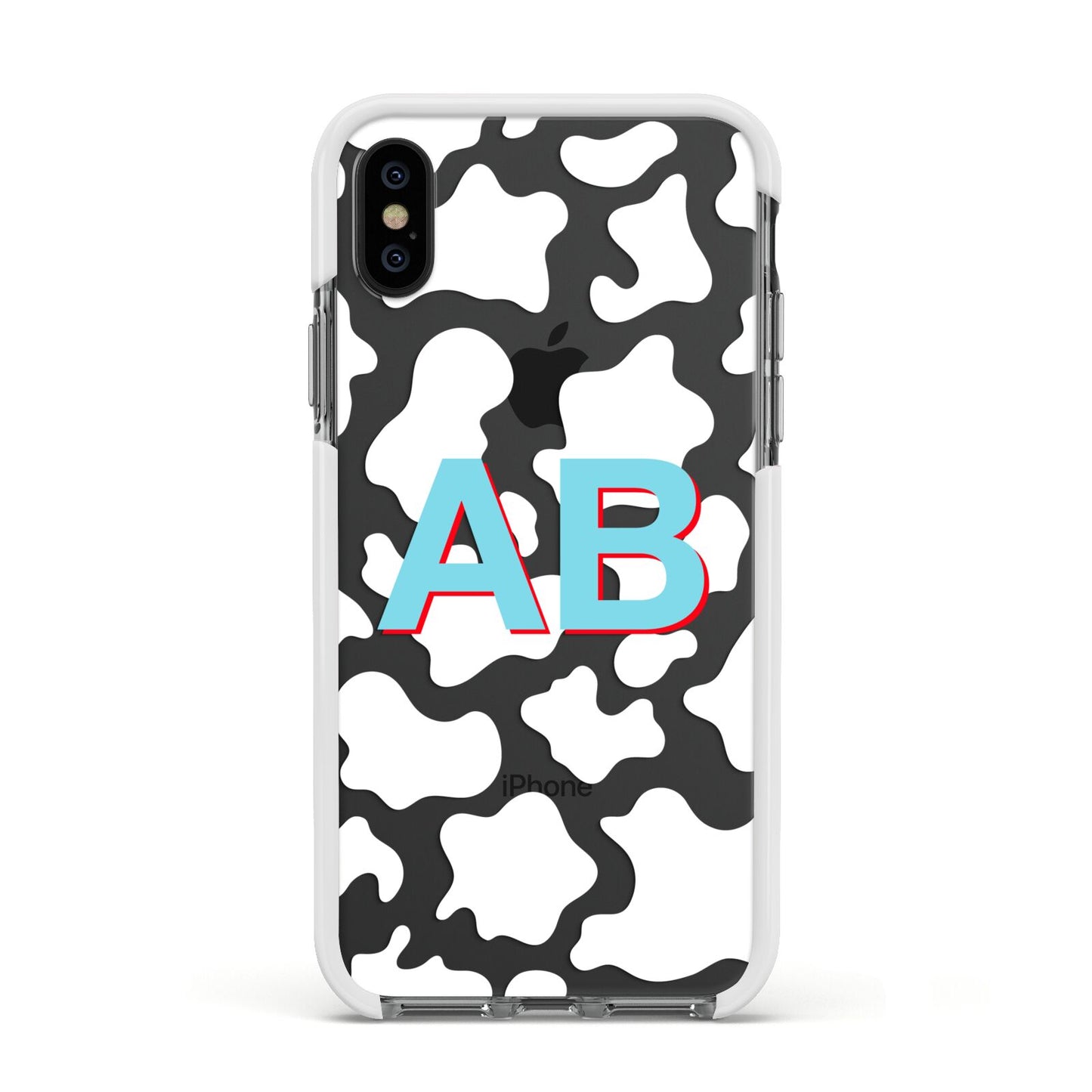 Personalised Cow Print Apple iPhone Xs Impact Case White Edge on Black Phone