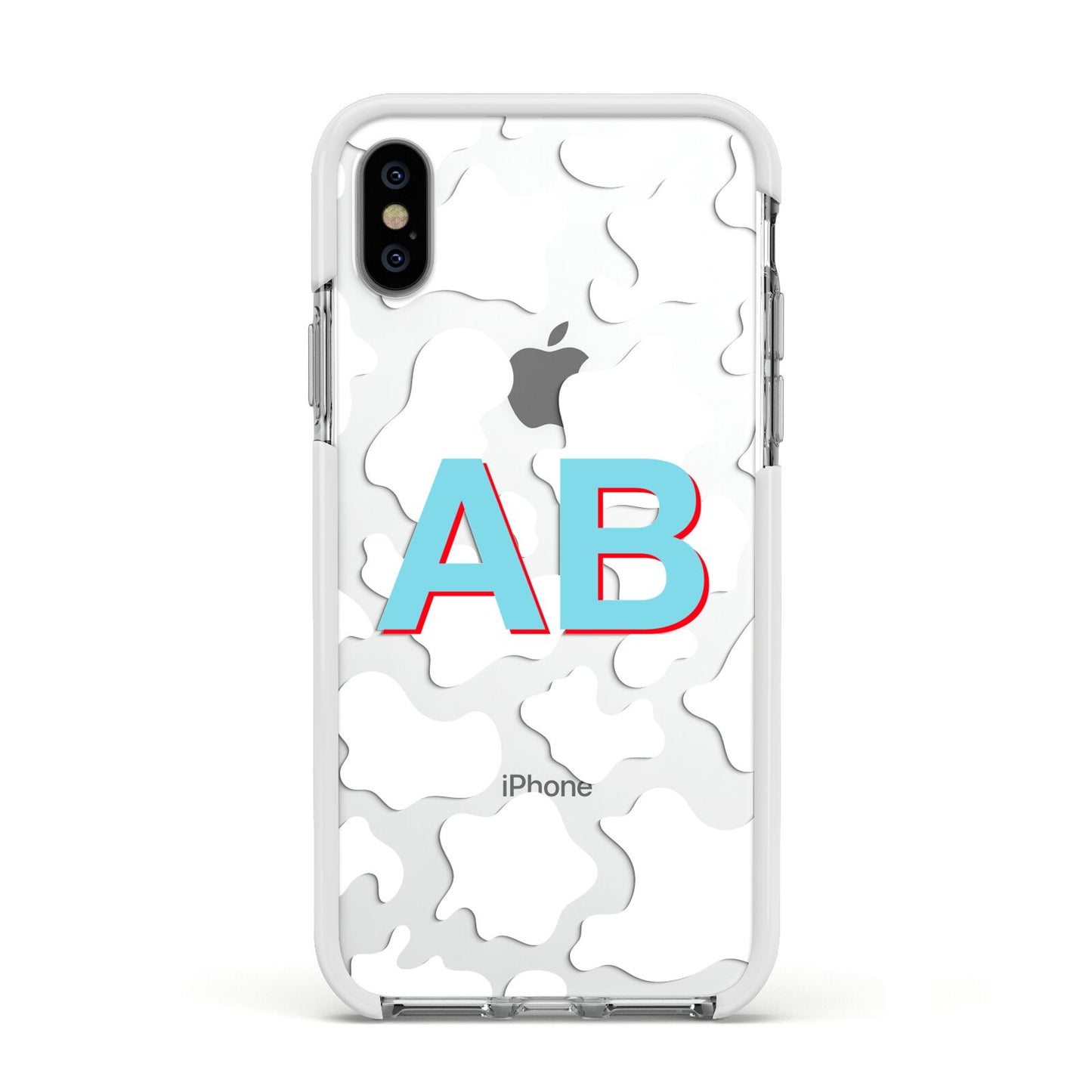 Personalised Cow Print Apple iPhone Xs Impact Case White Edge on Silver Phone