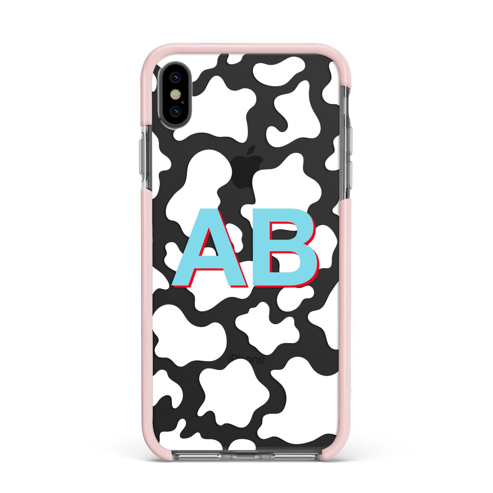 Personalised Cow Print Apple iPhone Xs Max Impact Case Pink Edge on Black Phone