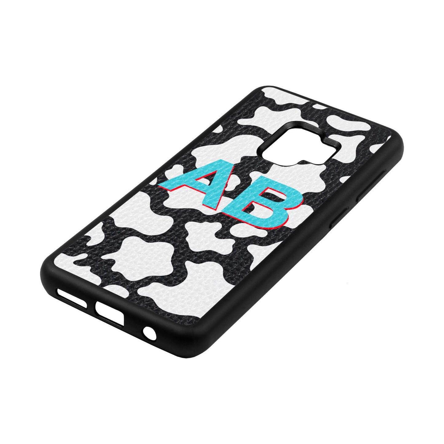 Personalised Cow Print Black Pebble Leather Samsung S9 Case Side Angle