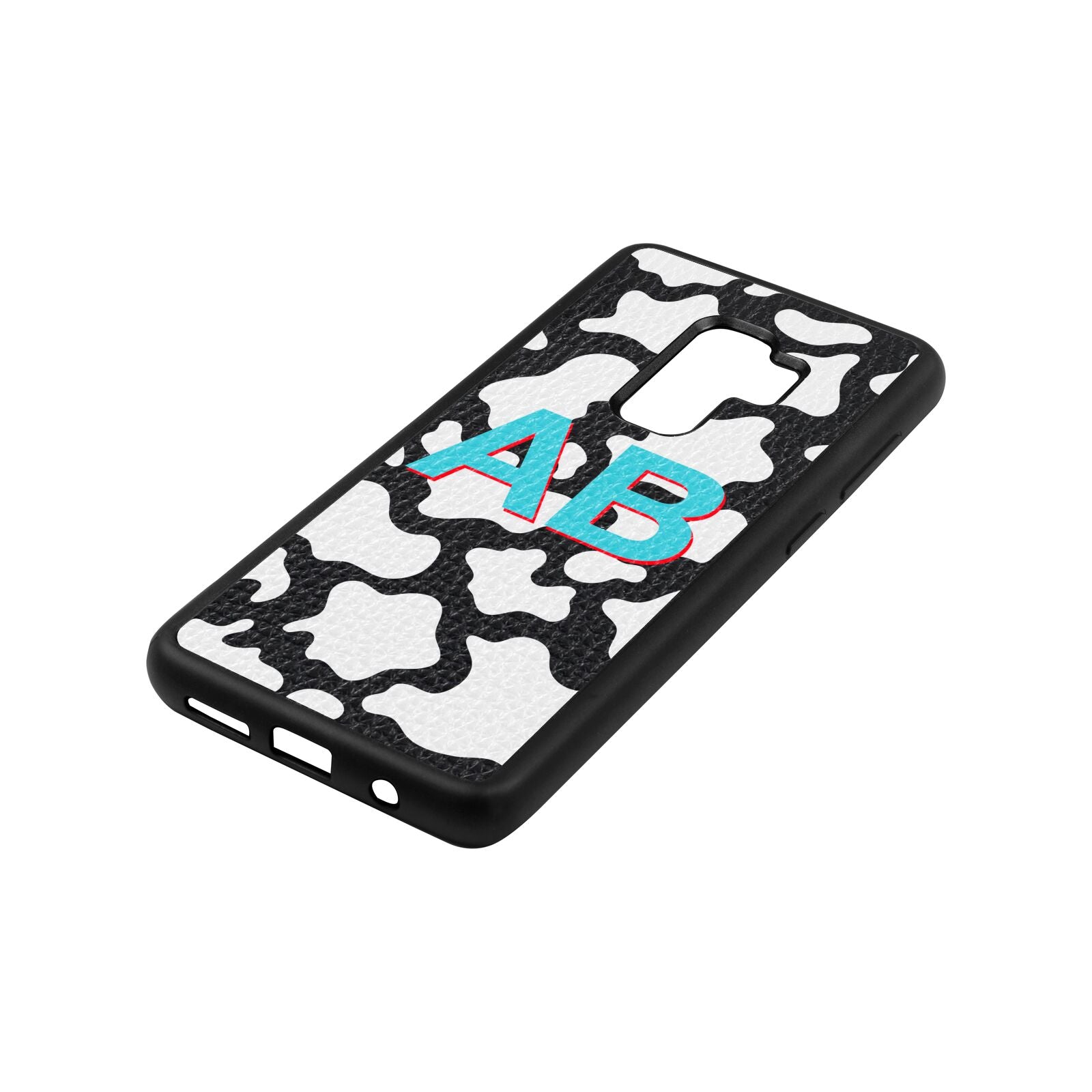 Personalised Cow Print Black Pebble Leather Samsung S9 Plus Case Side Angle