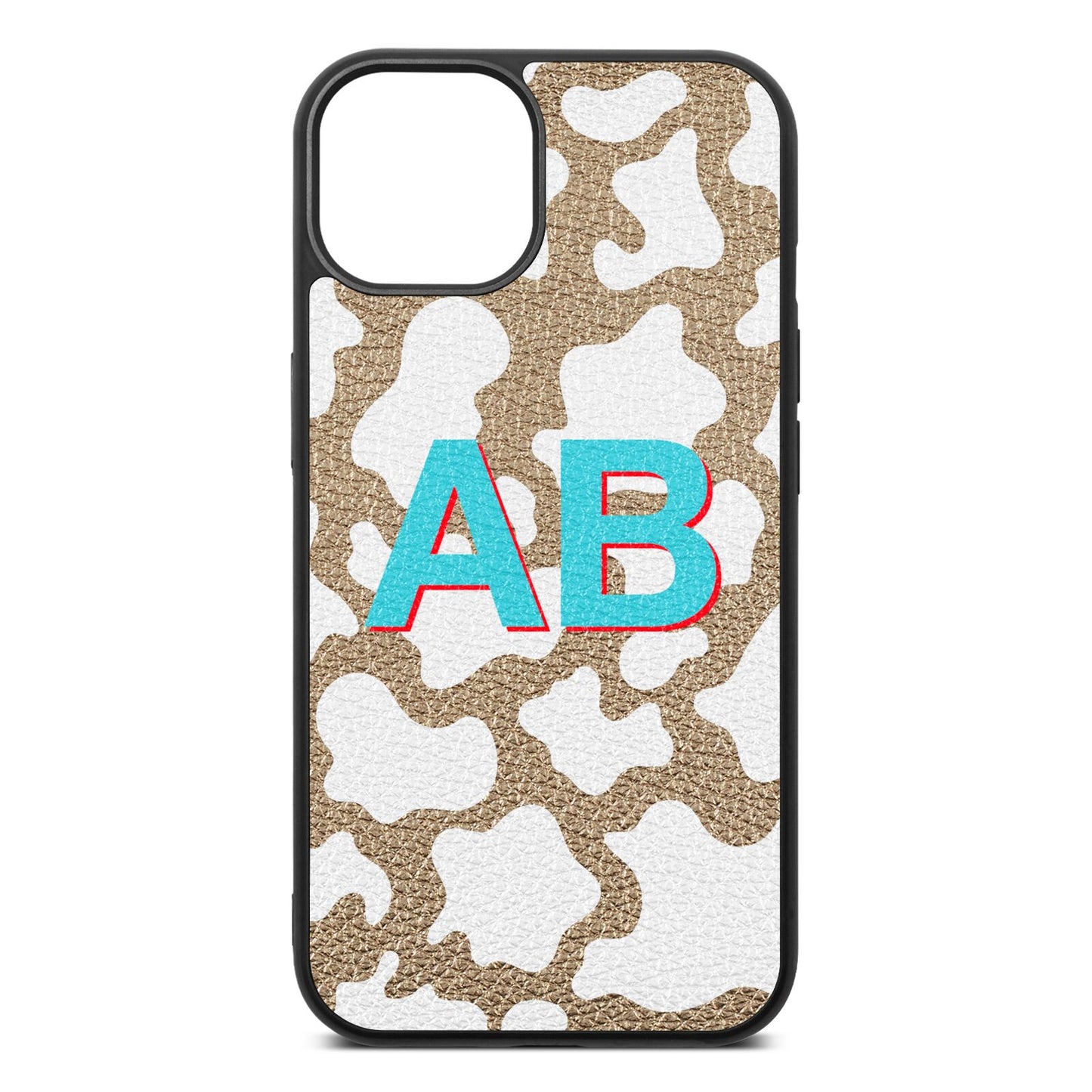 Personalised Cow Print Gold Pebble Leather iPhone 13 Case