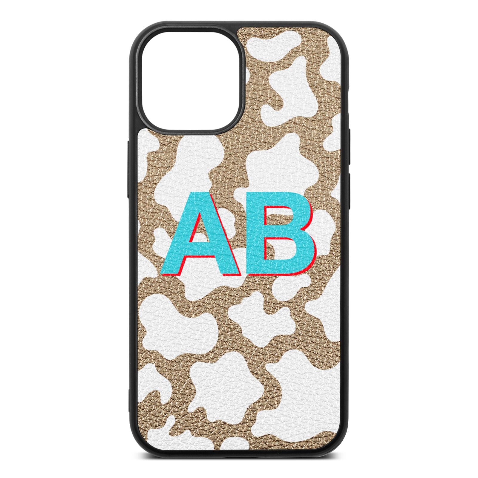 Personalised Cow Print Gold Pebble Leather iPhone 13 Mini Case