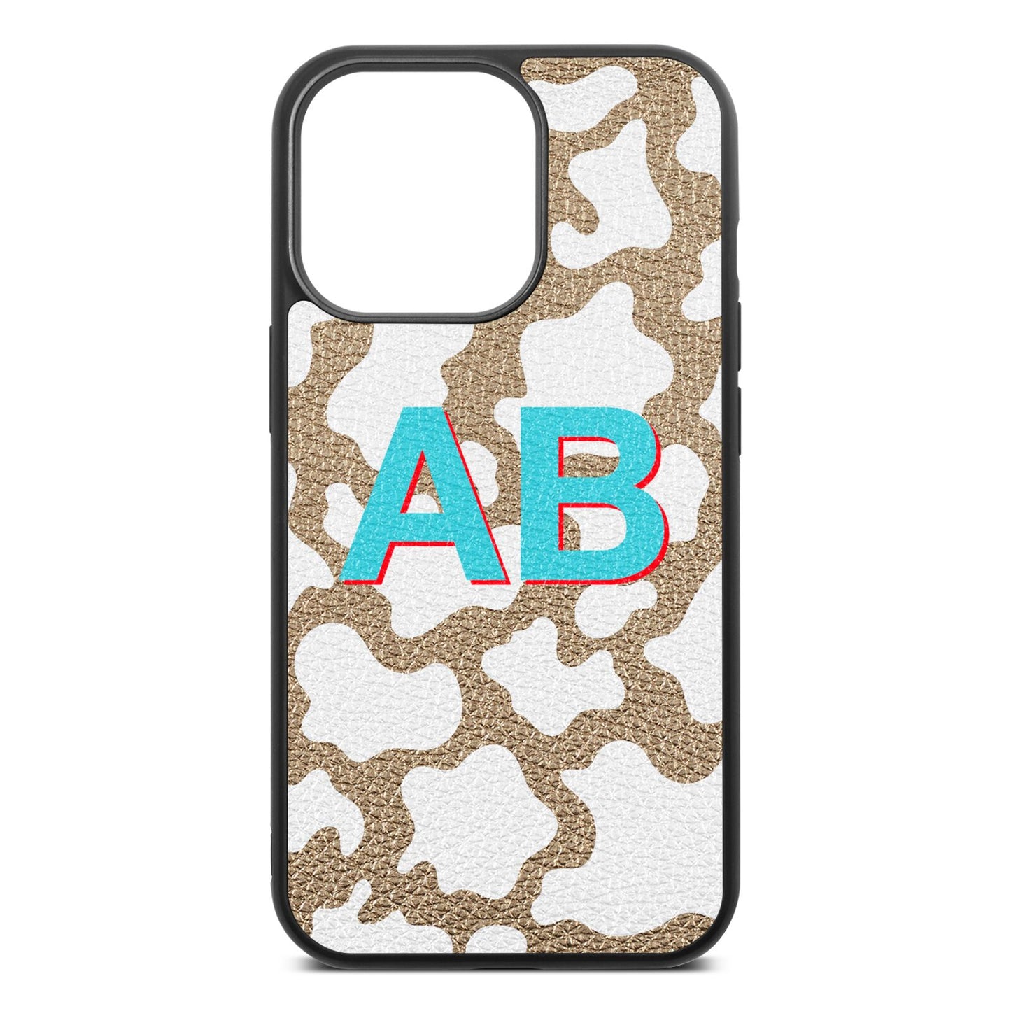 Personalised Cow Print Gold Pebble Leather iPhone 13 Pro Case