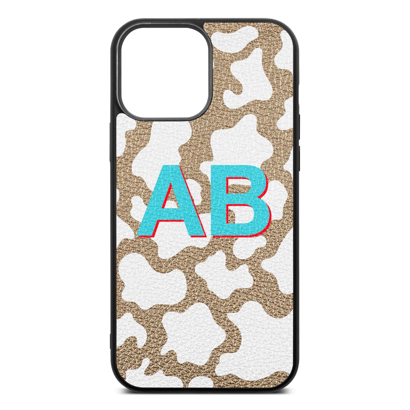 Personalised Cow Print Gold Pebble Leather iPhone 13 Pro Max Case