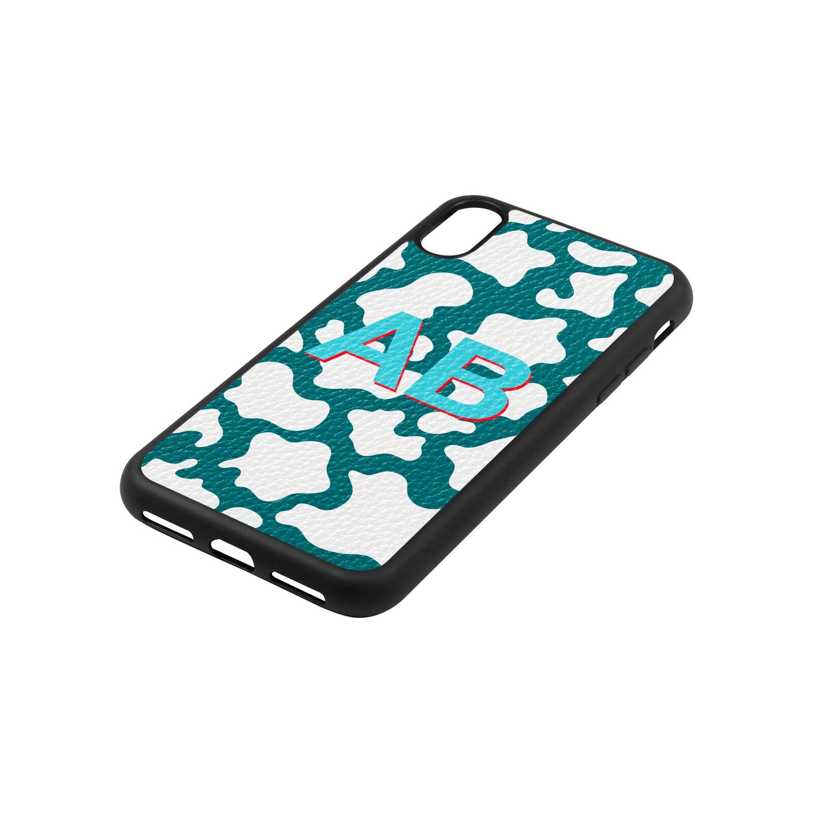 Personalised Cow Print Green Pebble Leather iPhone Xs Case Side Angle