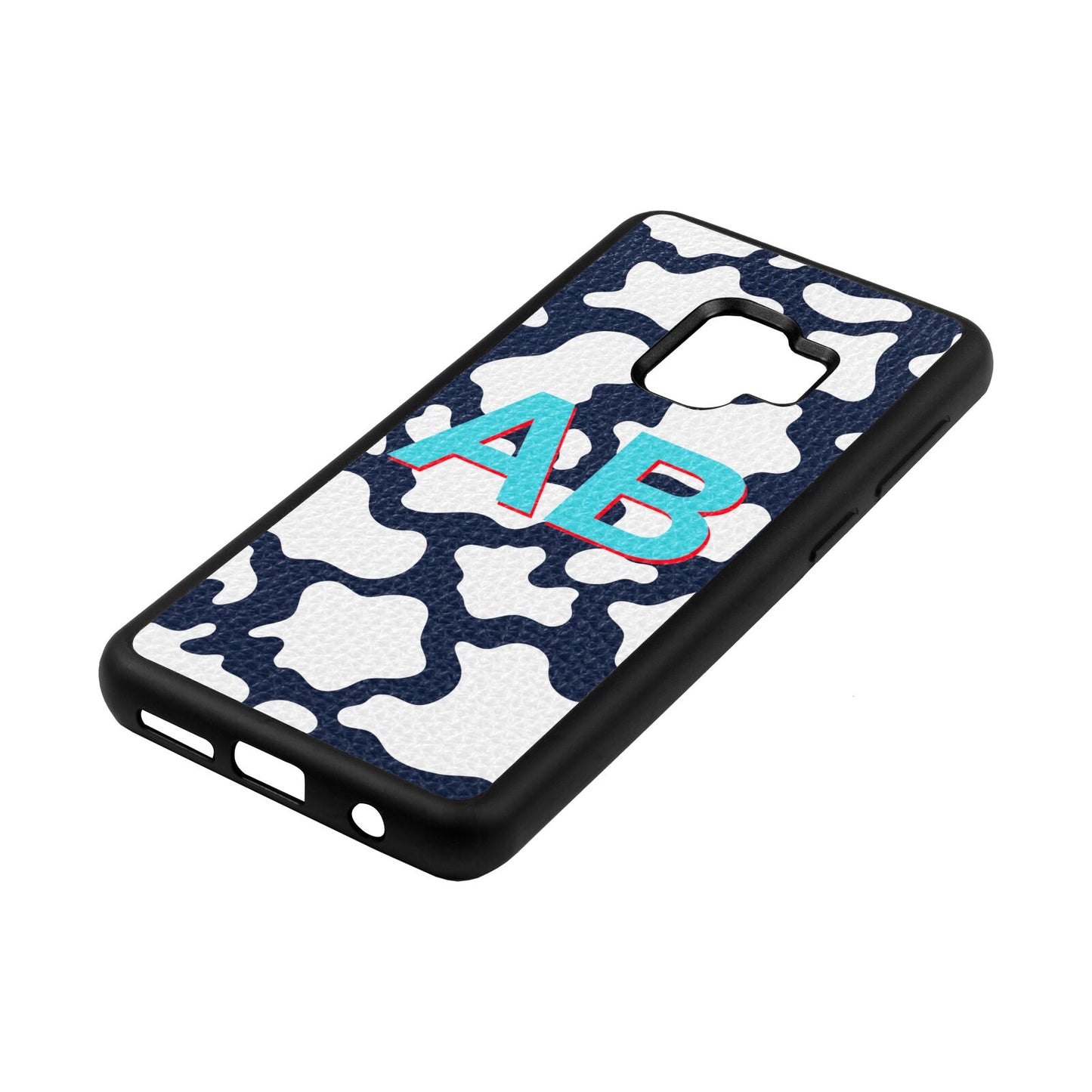 Personalised Cow Print Navy Blue Pebble Leather Samsung S9 Case Side Angle