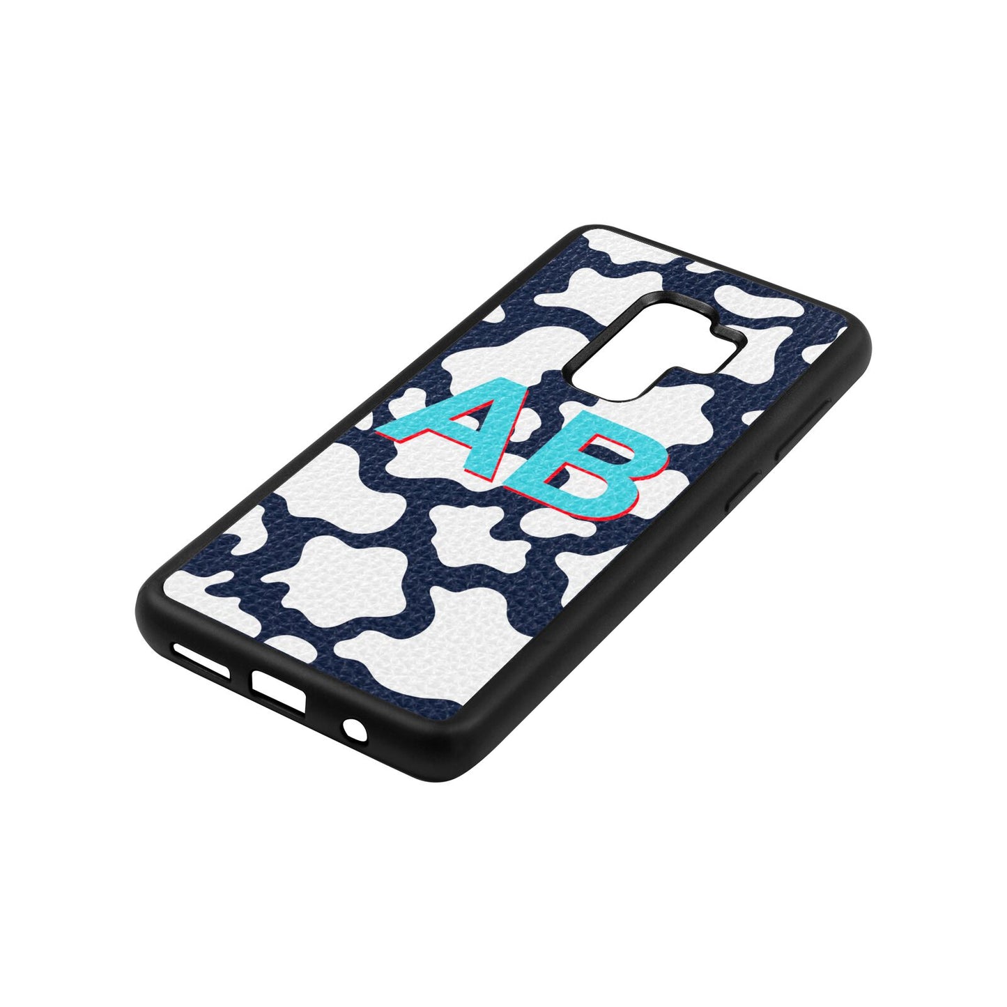 Personalised Cow Print Navy Blue Pebble Leather Samsung S9 Plus Case Side Angle