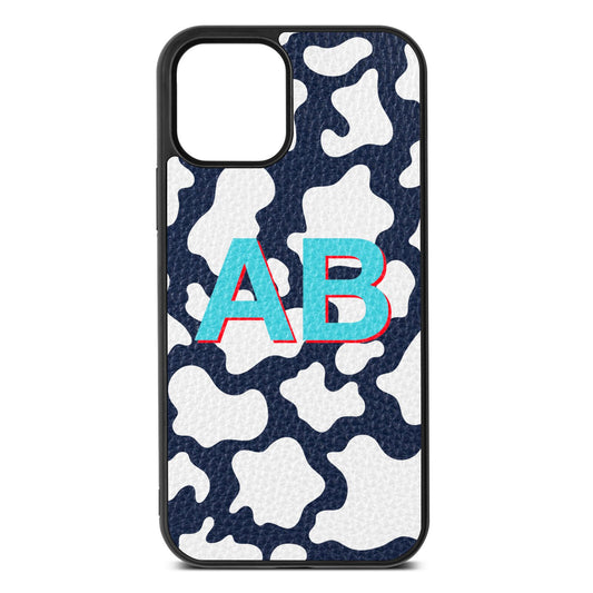 Personalised Cow Print Navy Blue Pebble Leather iPhone 12 Case