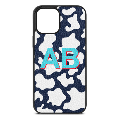 Personalised Cow Print Navy Blue Pebble Leather iPhone 12 Pro Max Case