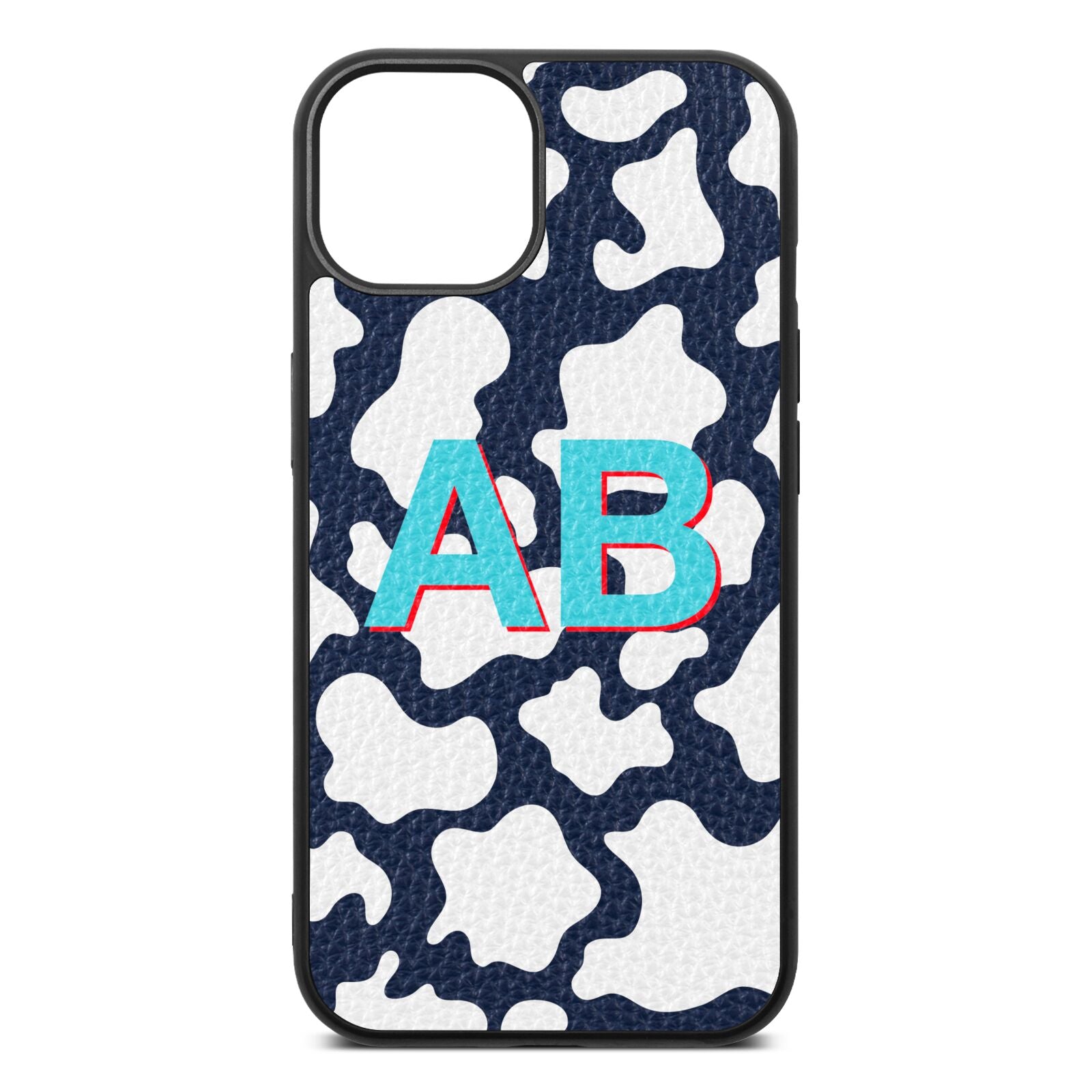 Personalised Cow Print Navy Blue Pebble Leather iPhone 13 Case