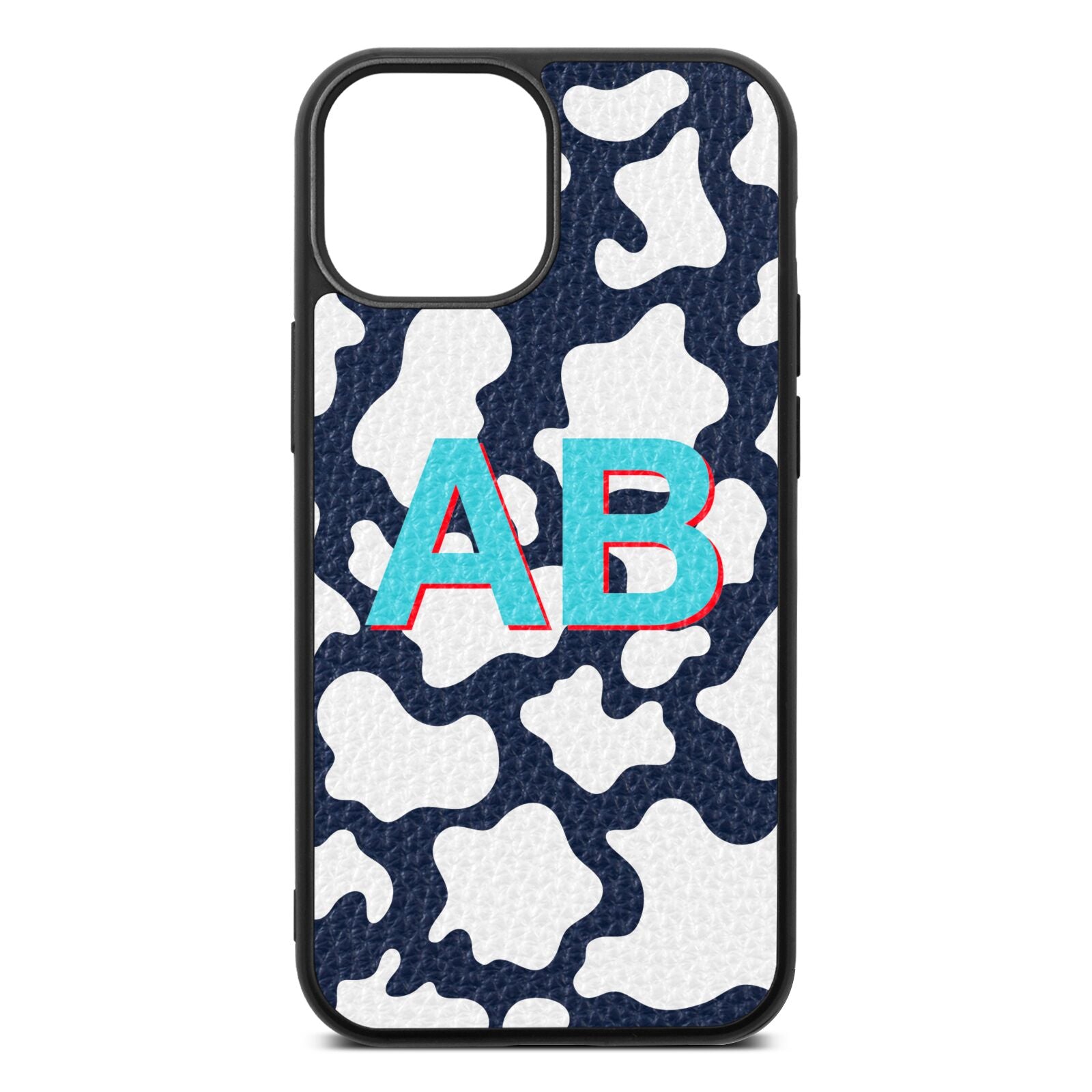 Personalised Cow Print Navy Blue Pebble Leather iPhone 13 Mini Case