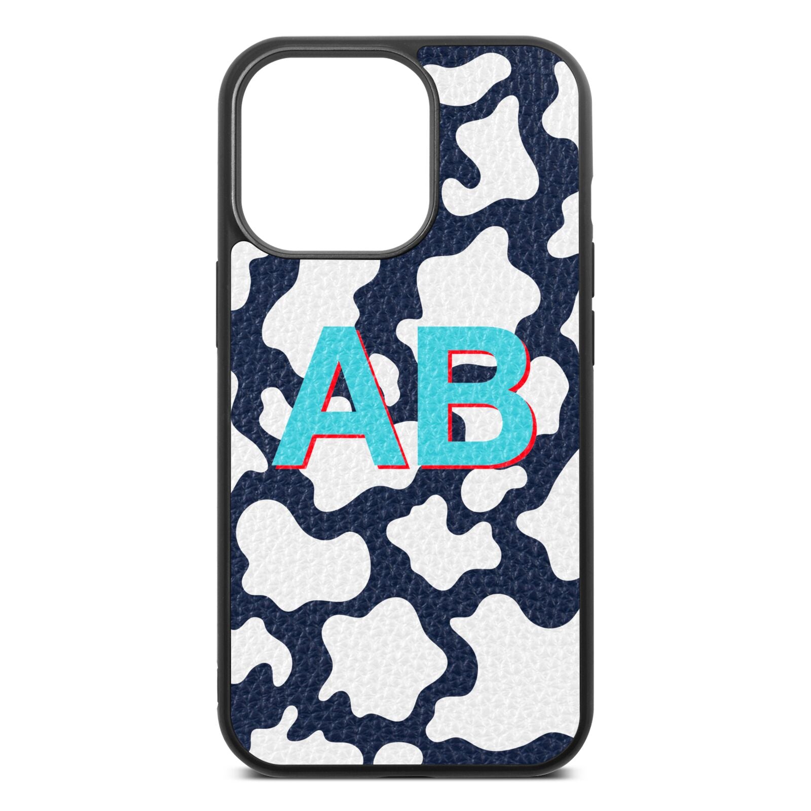 Personalised Cow Print Navy Blue Pebble Leather iPhone 13 Pro Case