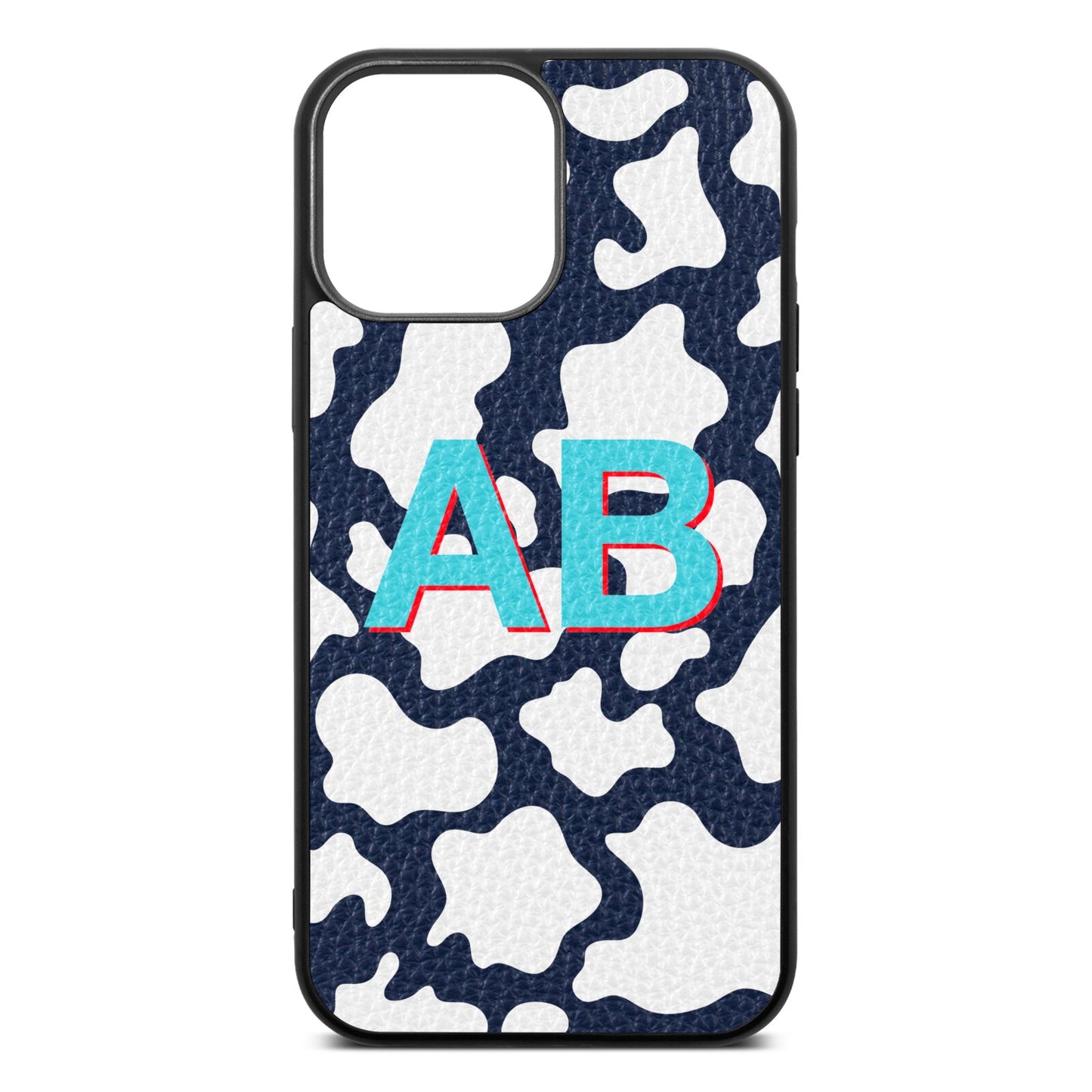 Personalised Cow Print Navy Blue Pebble Leather iPhone 13 Pro Max Case