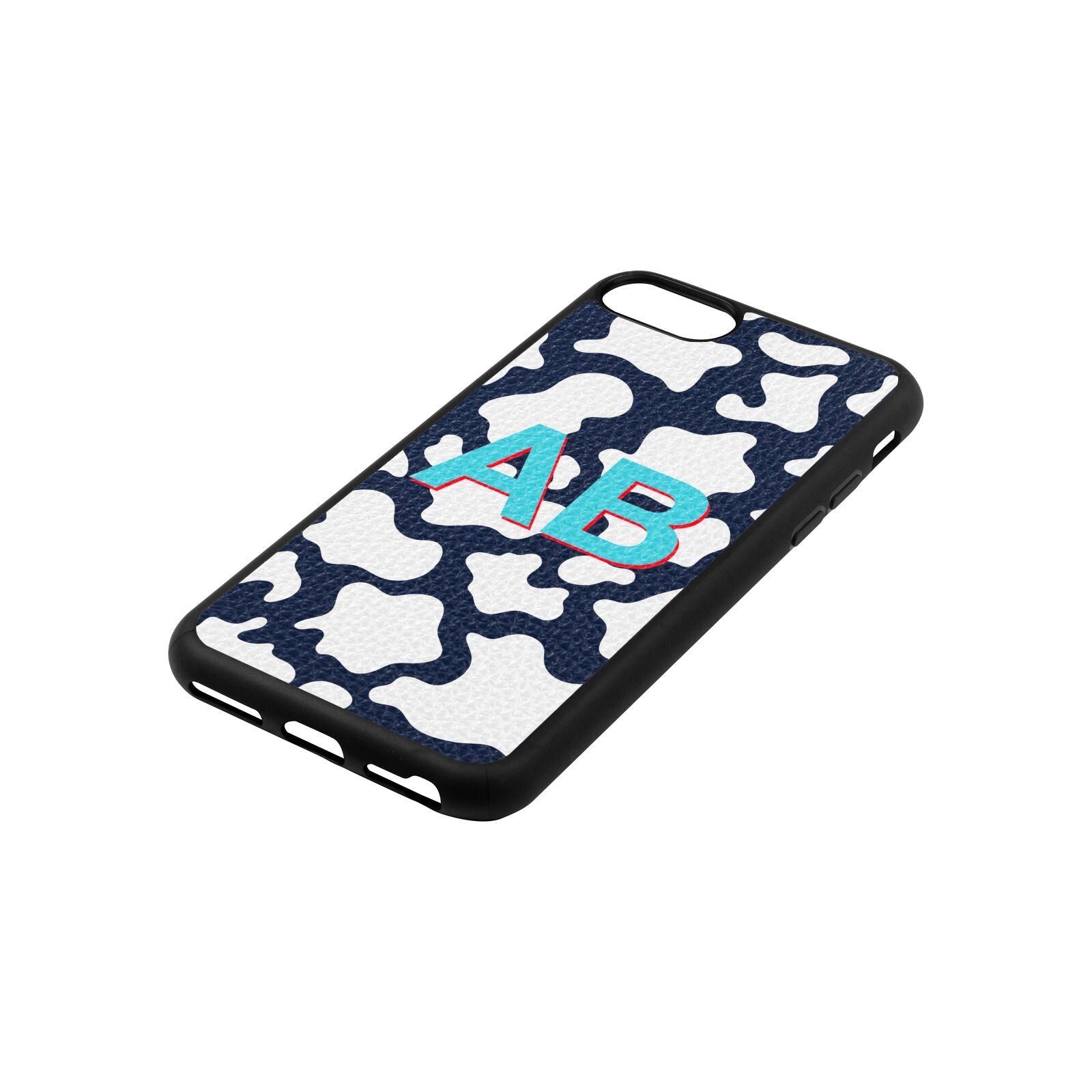 Personalised Cow Print Navy Blue Pebble Leather iPhone 8 Case Side Angle