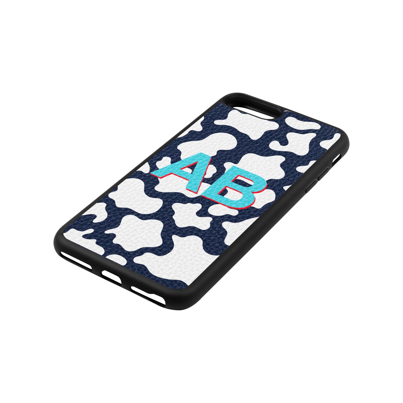 Personalised Cow Print Navy Blue Pebble Leather iPhone 8 Plus Case Side Angle