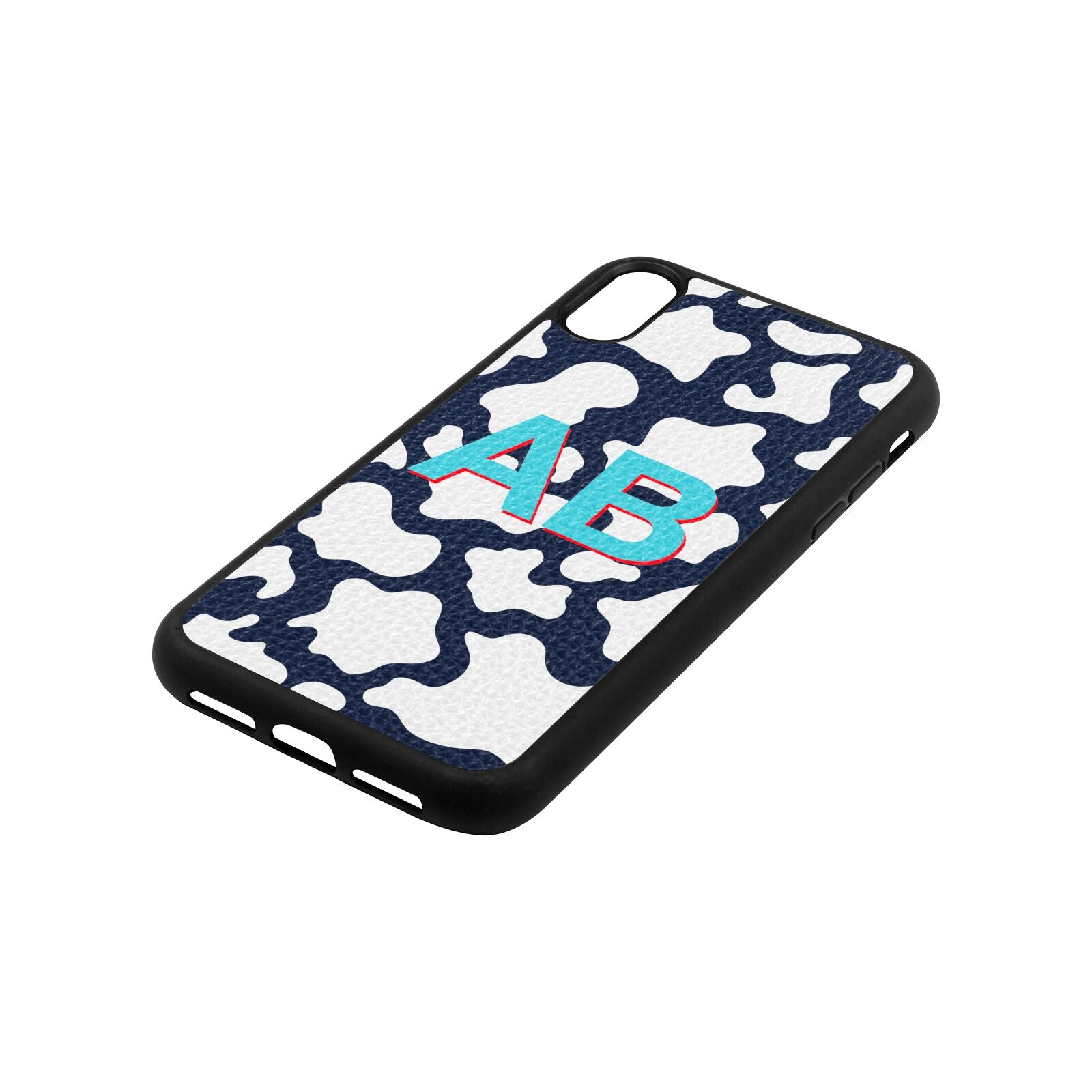 Personalised Cow Print Navy Blue Pebble Leather iPhone Xr Case Side Angle