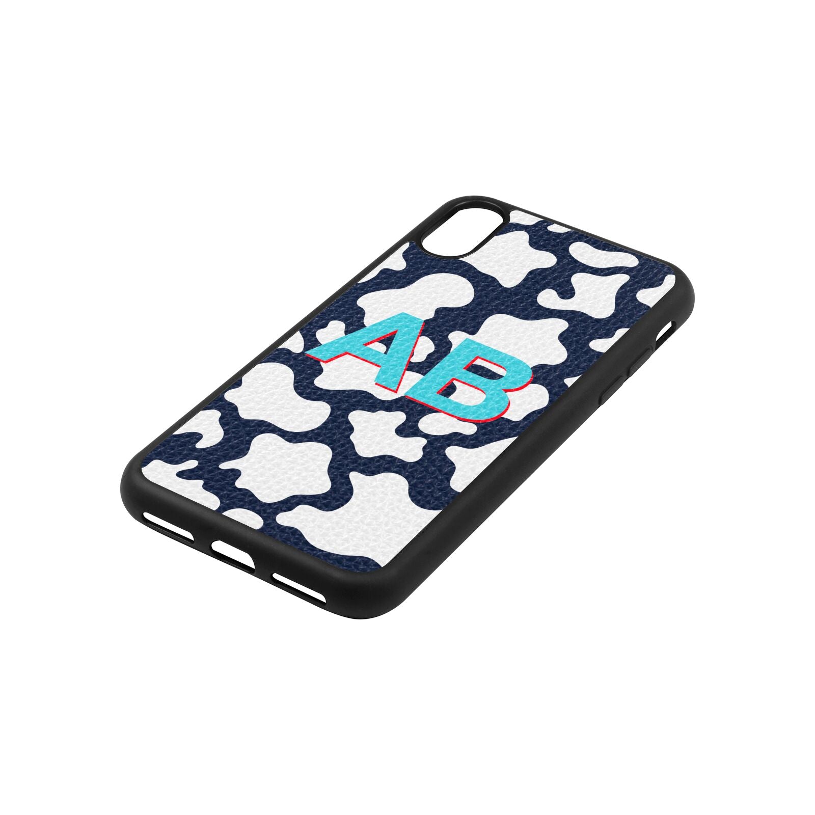 Personalised Cow Print Navy Blue Pebble Leather iPhone Xs Case Side Image