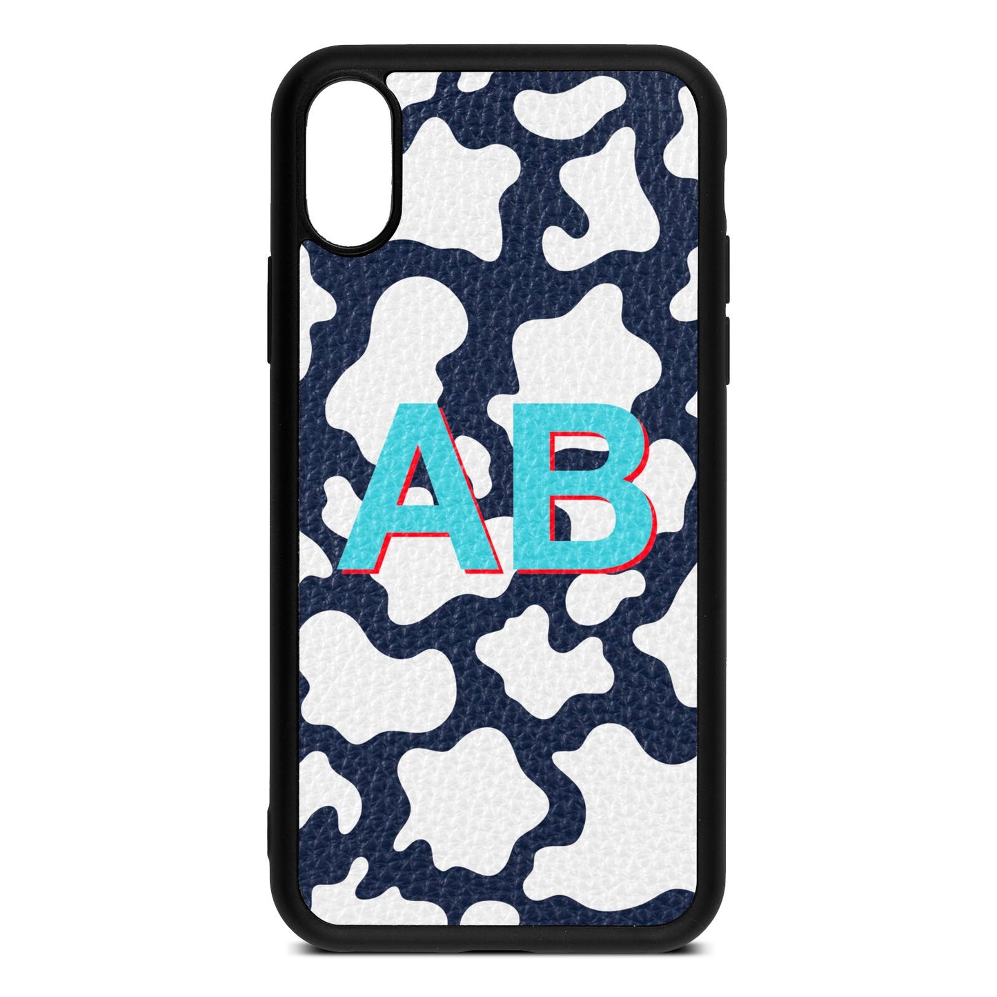 Personalised Cow Print Navy Blue Pebble Leather iPhone Xs Case