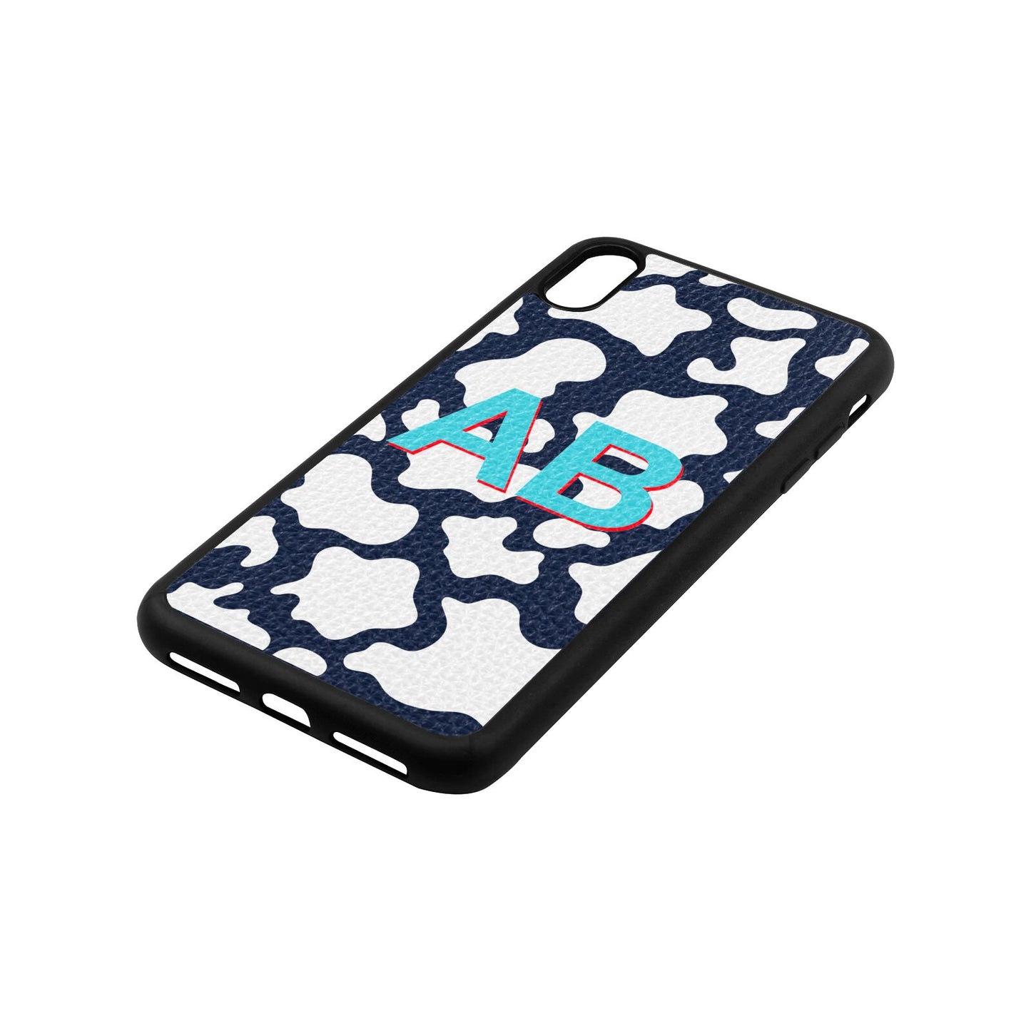 Personalised Cow Print Navy Blue Pebble Leather iPhone Xs Max Case Side Image