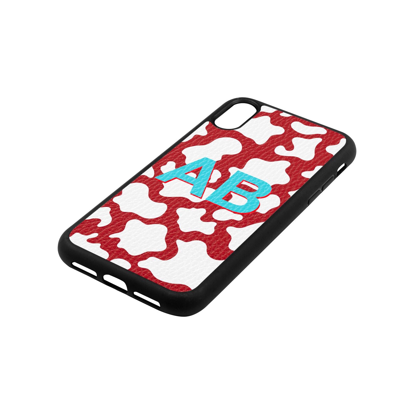 Personalised Cow Print Red Pebble Leather iPhone Xr Case Side Angle