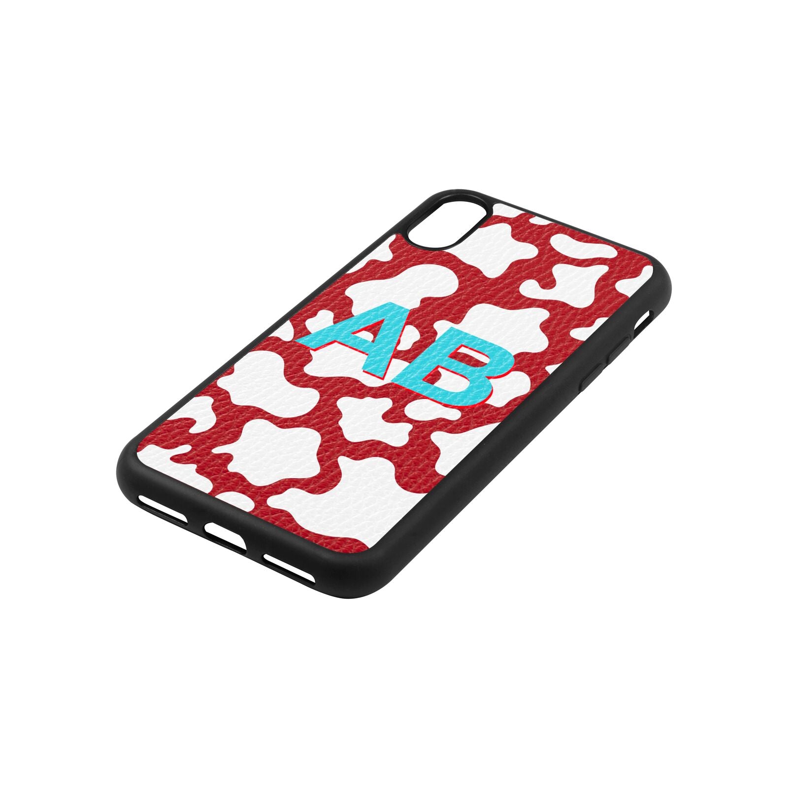 Personalised Cow Print Red Pebble Leather iPhone Xs Case Side Angle