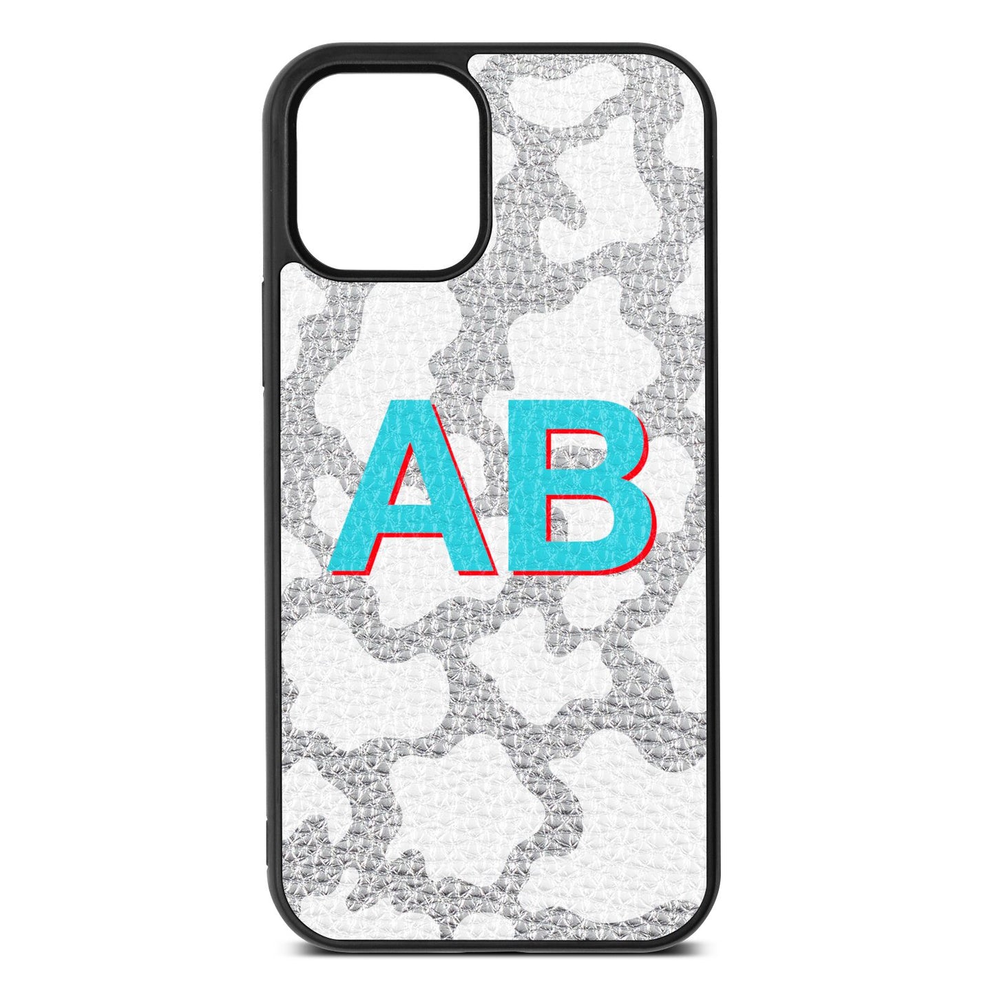 Personalised Cow Print Silver Pebble Leather iPhone 12 Case