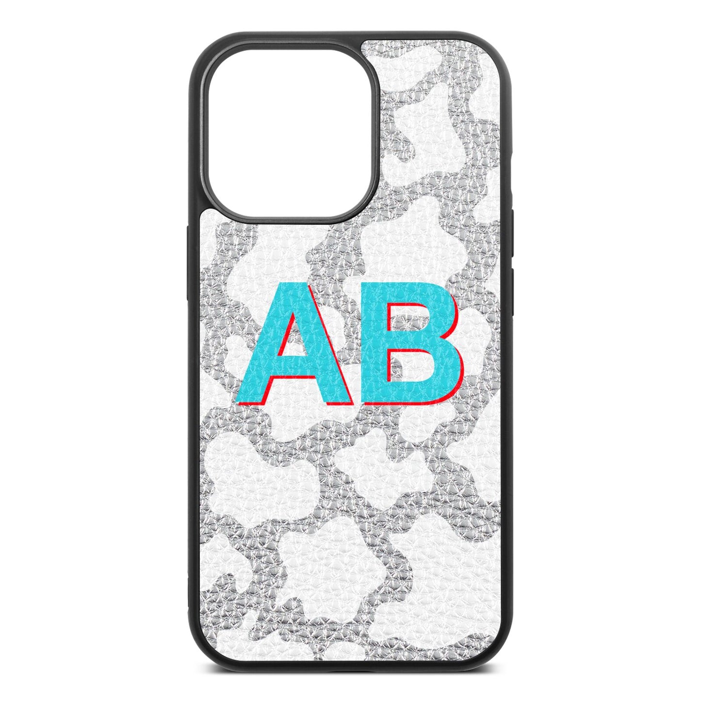 Personalised Cow Print Silver Pebble Leather iPhone 13 Pro Case