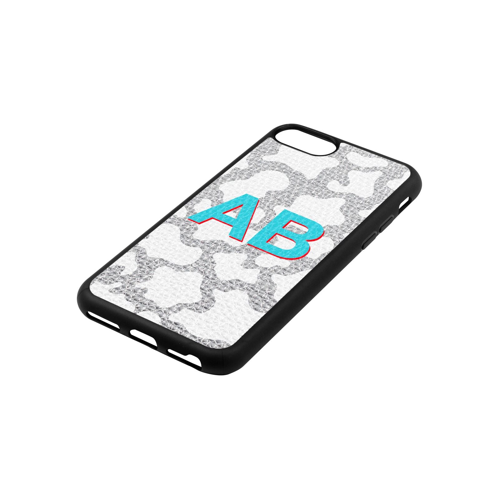 Personalised Cow Print Silver Pebble Leather iPhone 8 Case Side Angle