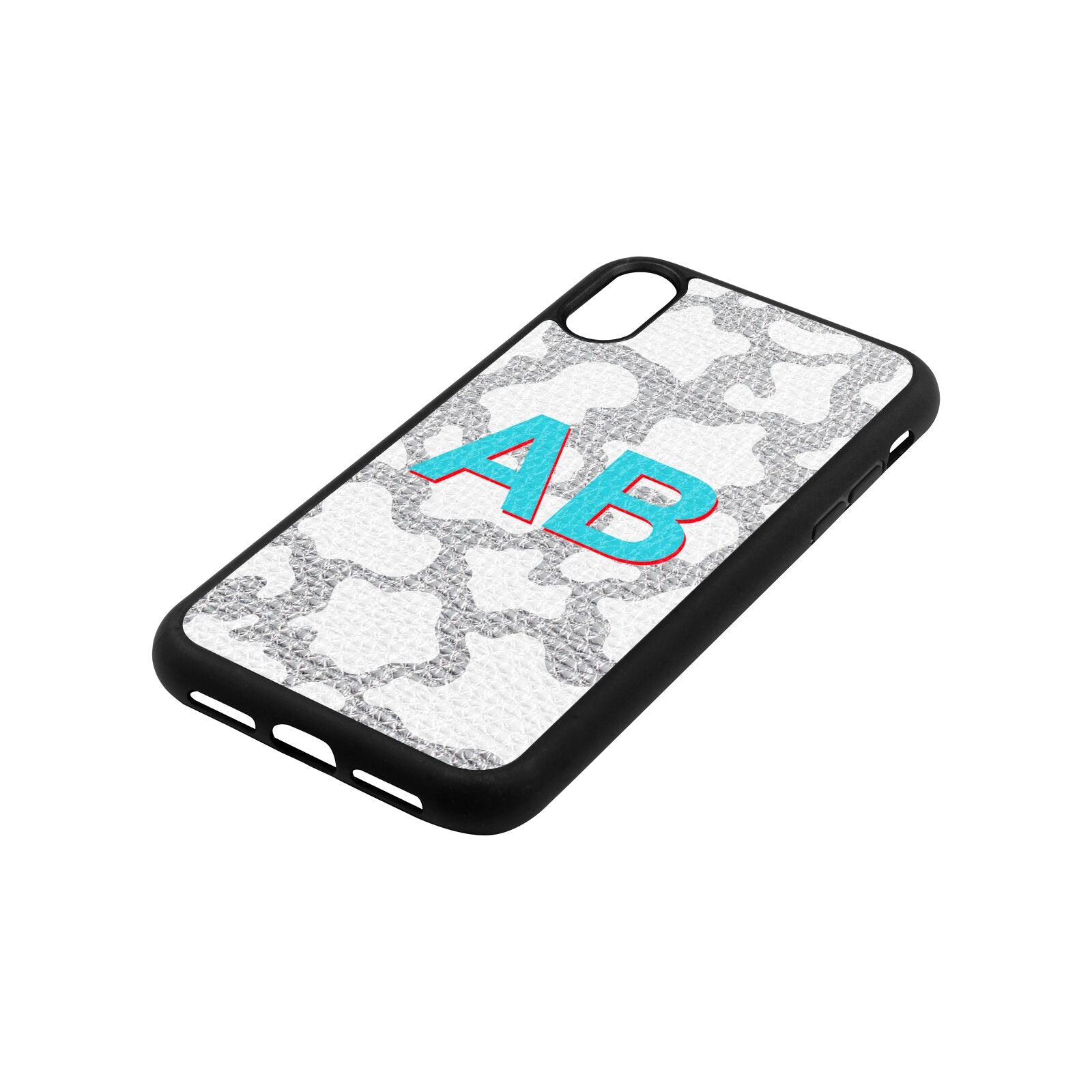 Personalised Cow Print Silver Pebble Leather iPhone Xr Case Side Angle