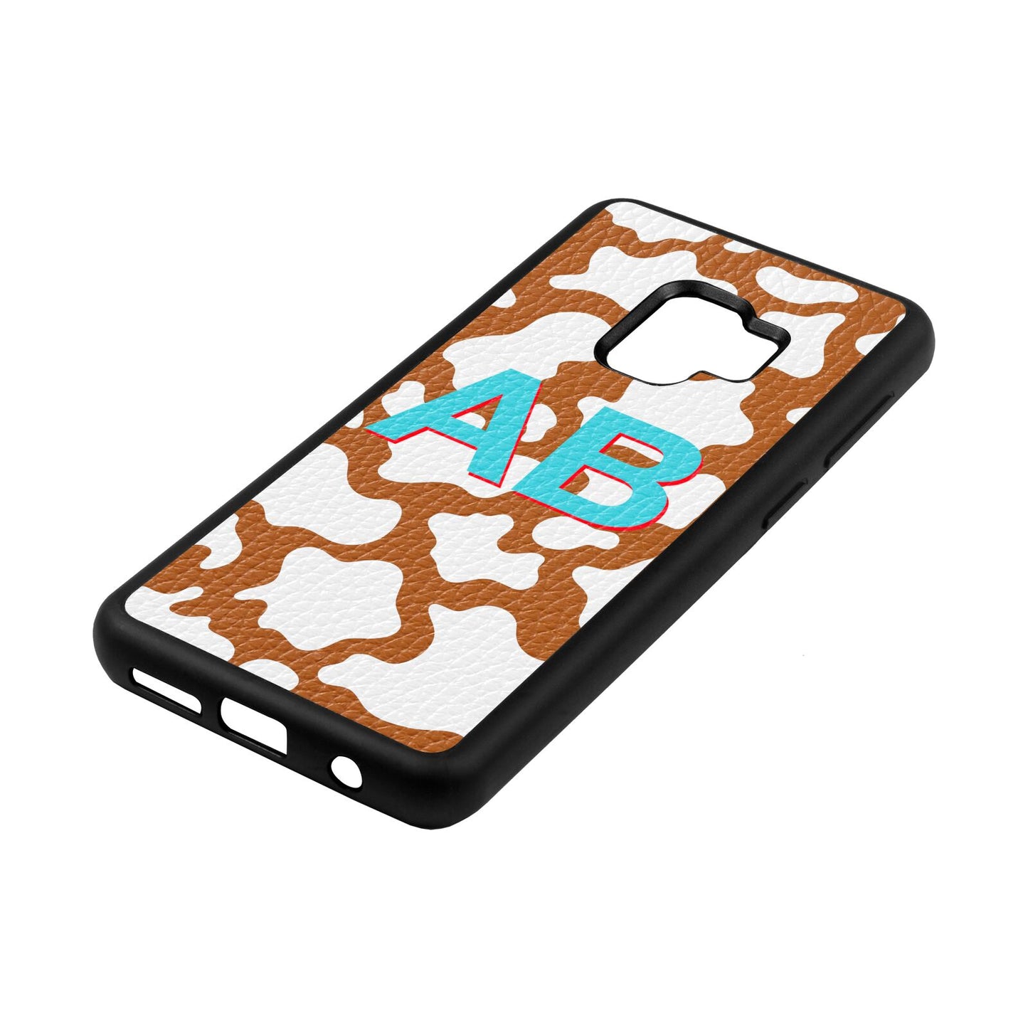 Personalised Cow Print Tan Pebble Leather Samsung S9 Case Side Angle