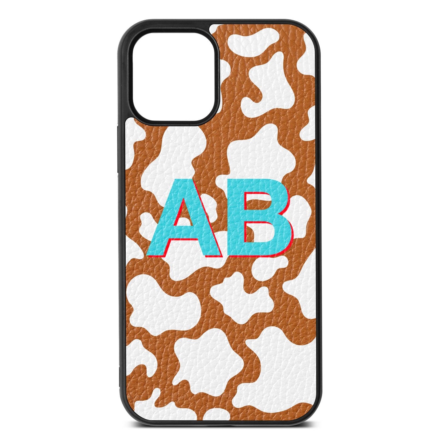 Personalised Cow Print Tan Pebble Leather iPhone 12 Case