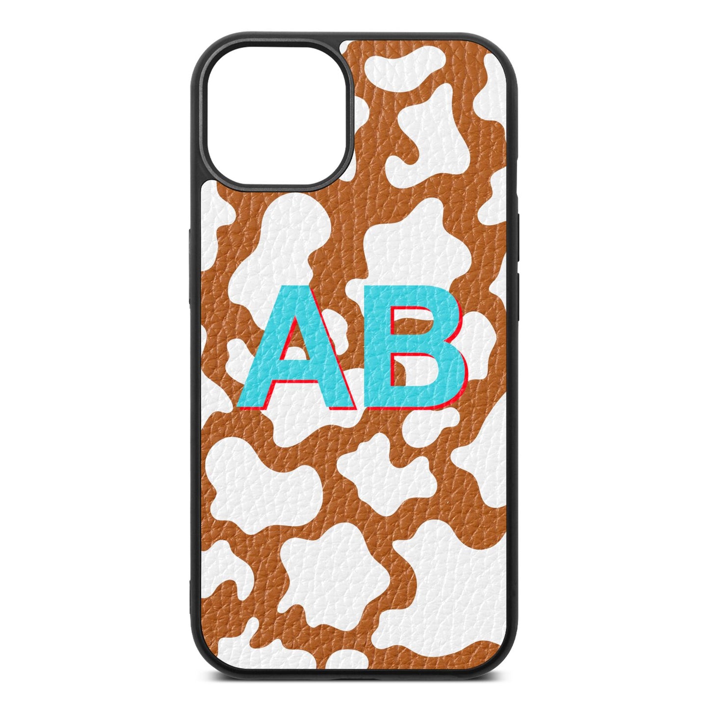 Personalised Cow Print Tan Pebble Leather iPhone 13 Case