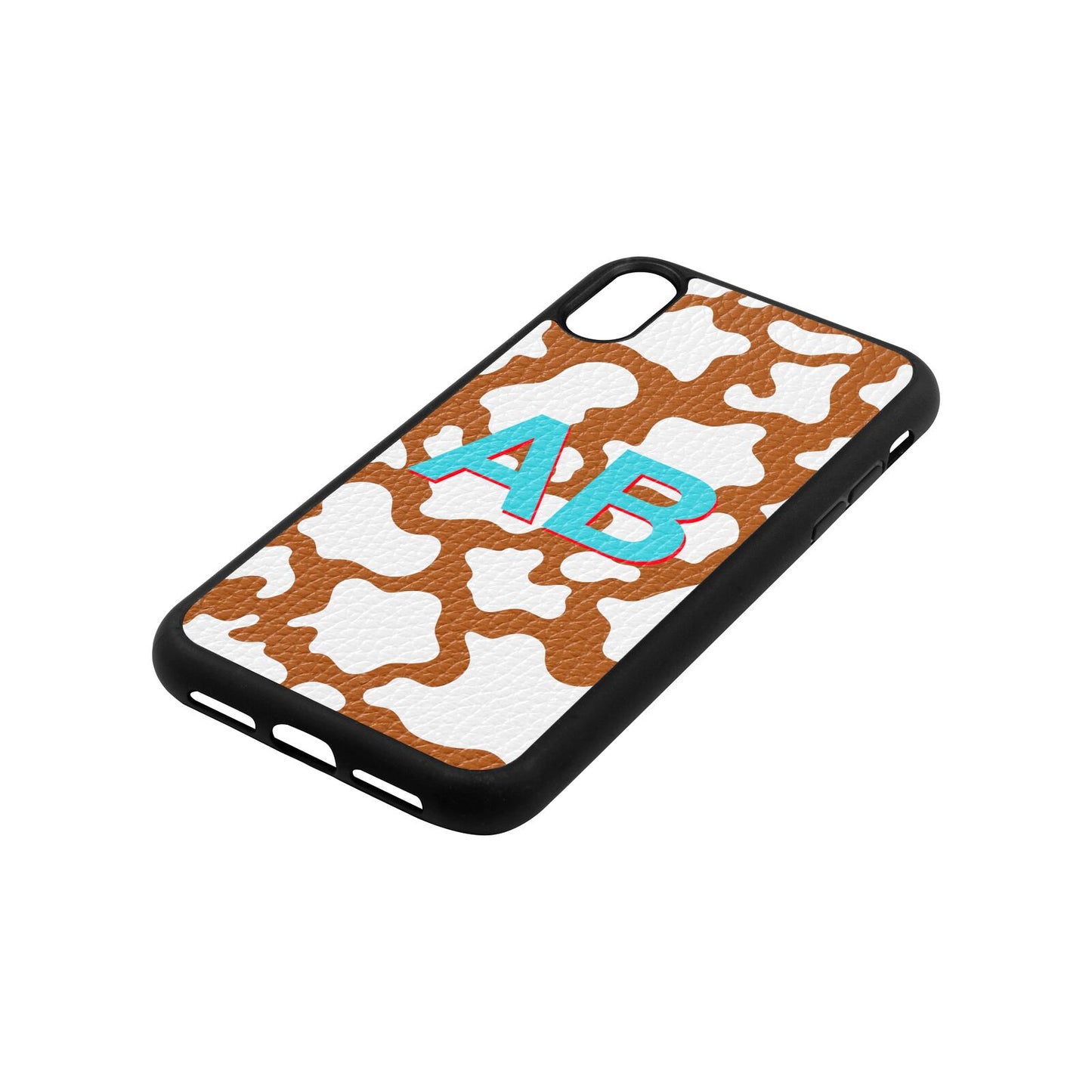 Personalised Cow Print Tan Pebble Leather iPhone Xr Case Side Angle