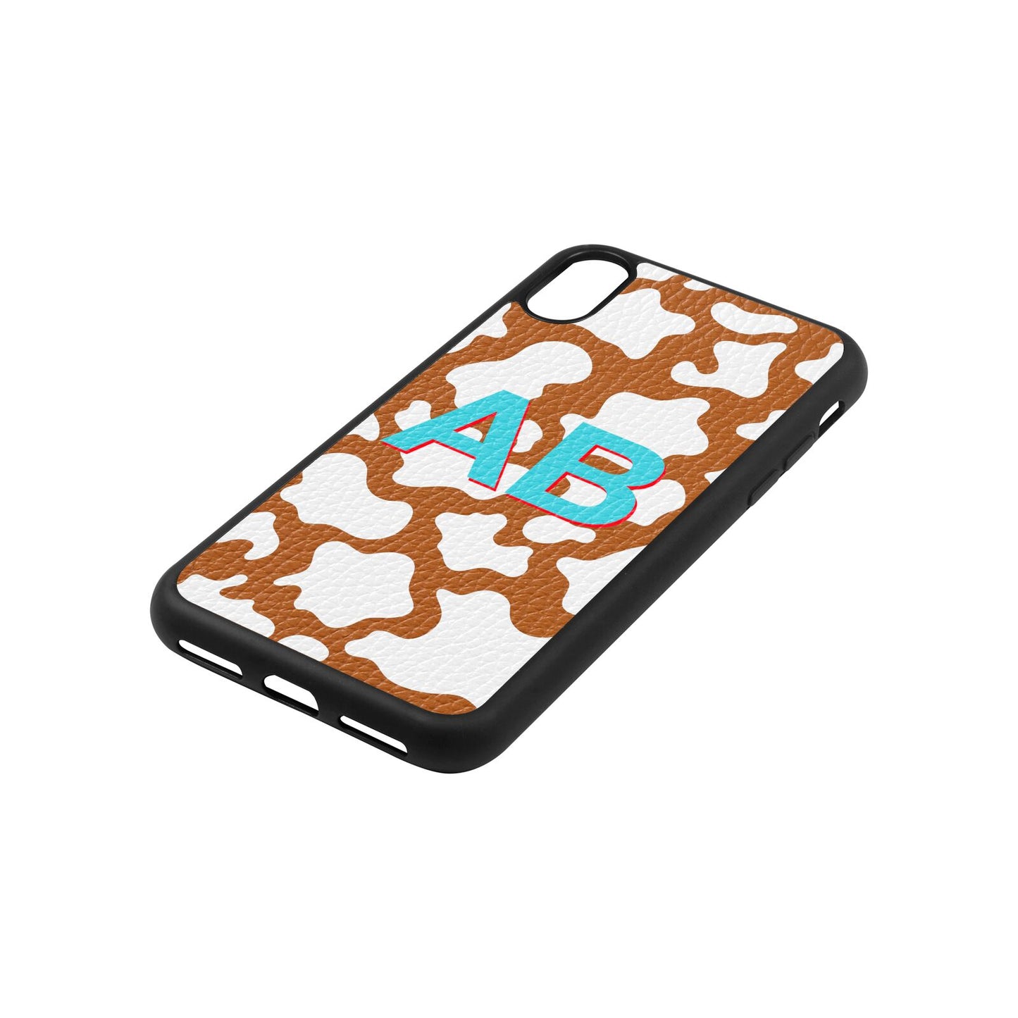 Personalised Cow Print Tan Pebble Leather iPhone Xs Case Side Angle