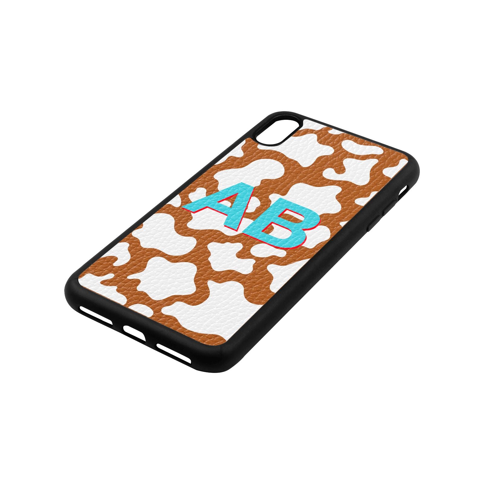 Personalised Cow Print Tan Pebble Leather iPhone Xs Max Case Side Angle