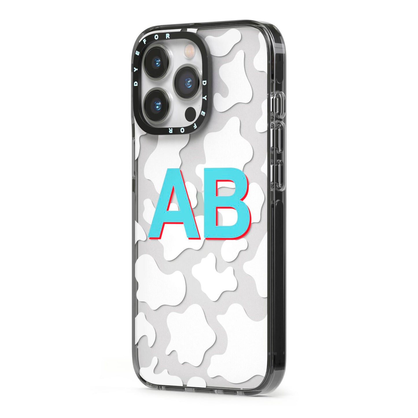 Personalised Cow Print iPhone 13 Pro Black Impact Case Side Angle on Silver phone