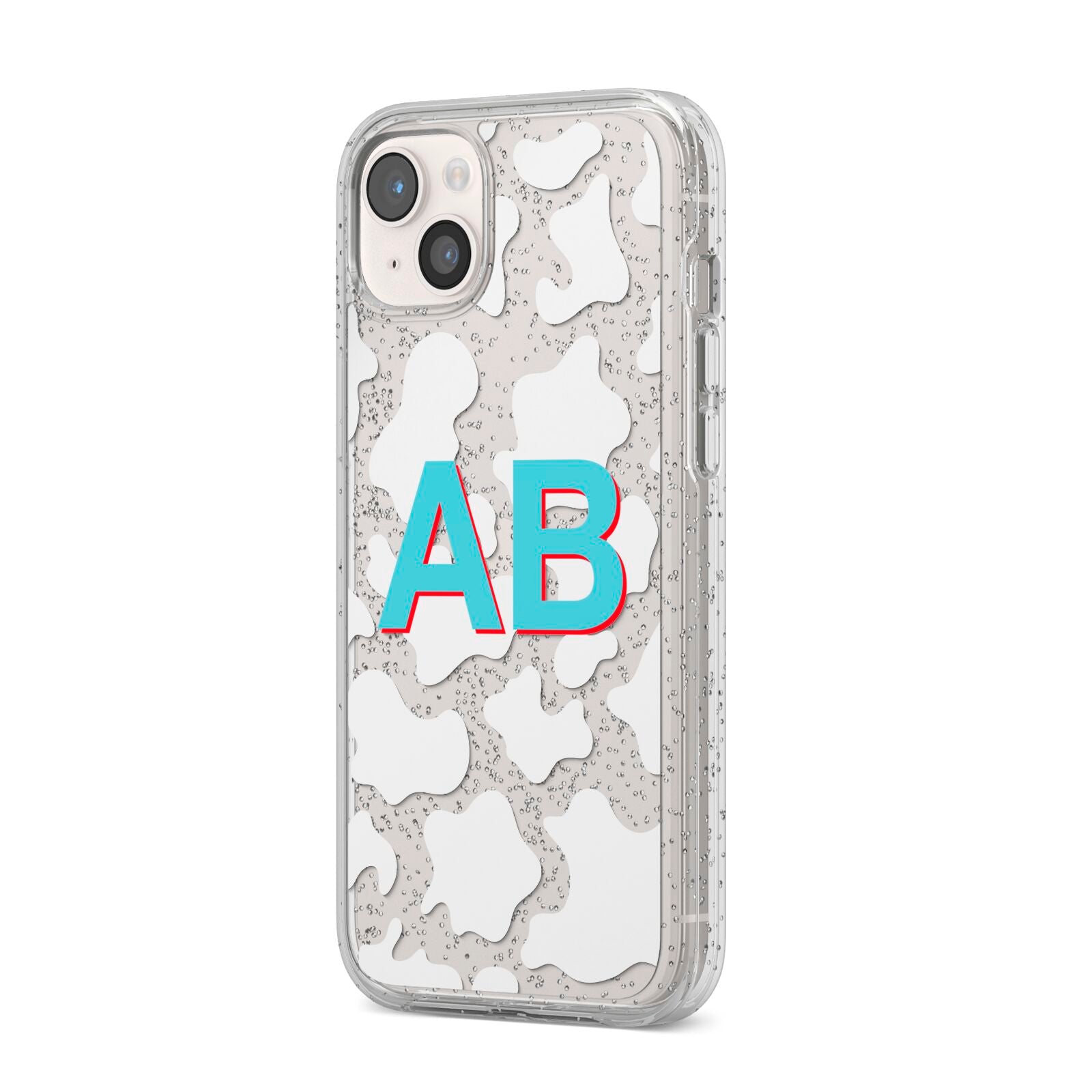 Personalised Cow Print iPhone 14 Plus Glitter Tough Case Starlight Angled Image